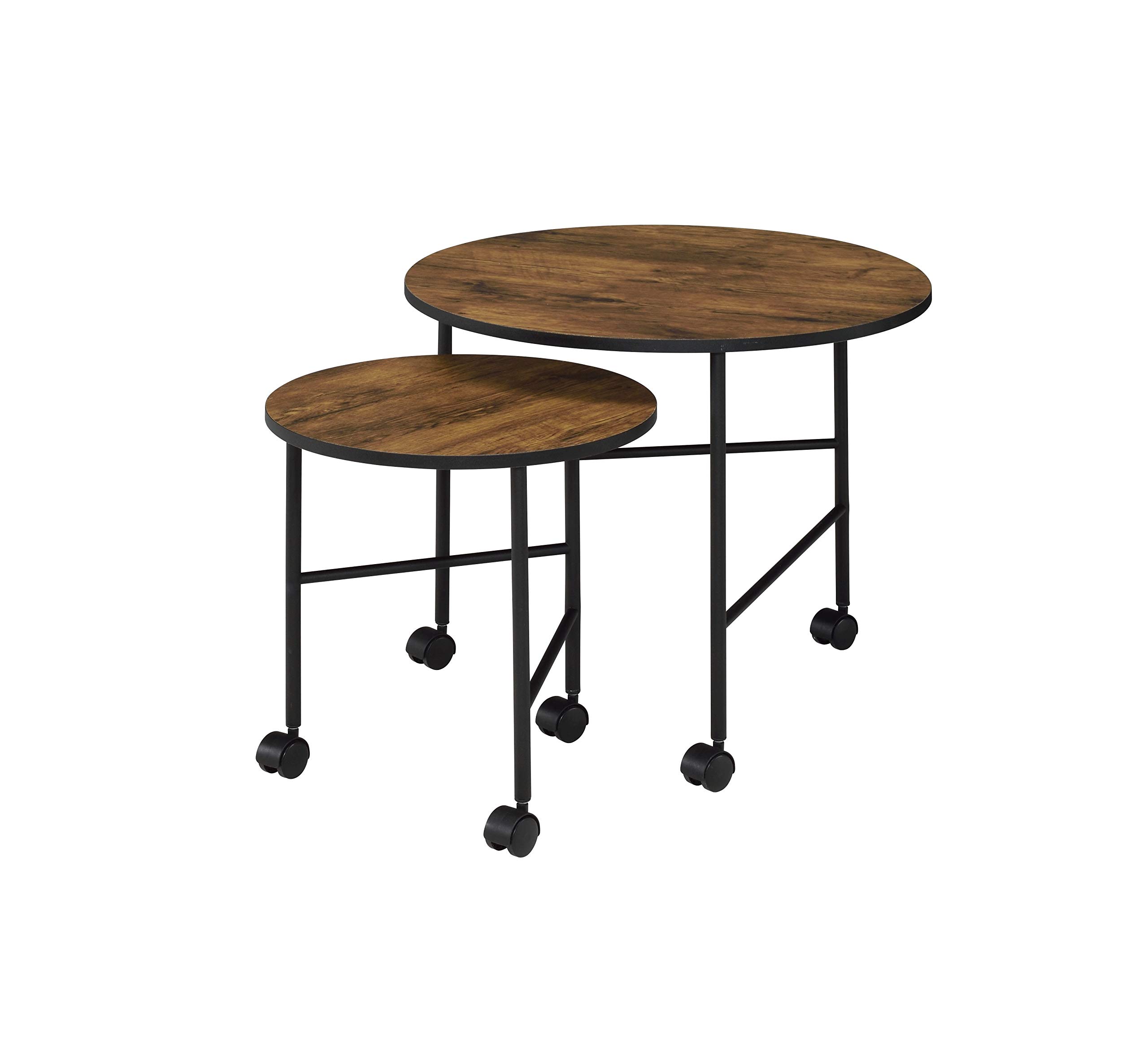 Industrial Mobile Nesting Coffee Table Set for Living Room - 2 Piece Wooden Top, Metal Frame & Wheels (Vintage Oak & Black) | Space-Saving Modern Side Tables for Small Apartments & Home Office