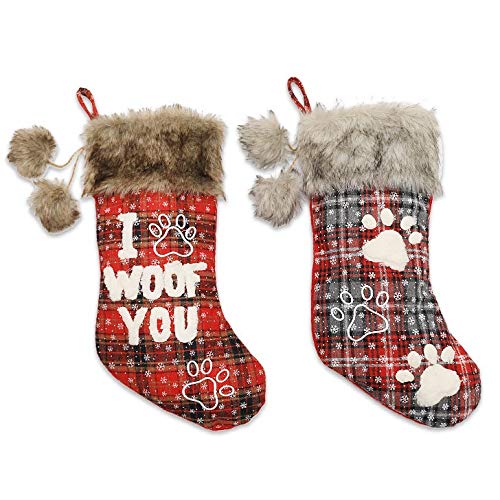 UXZDX 2-Pack Christmas Dog Socks with Fur Collar & Lattice Design - Festive Pet Paw Socks with Tree Pendants for Holiday Decor & Outfits - Perfect for Christmas Parties, Pet Photos & Seasonal Decorations