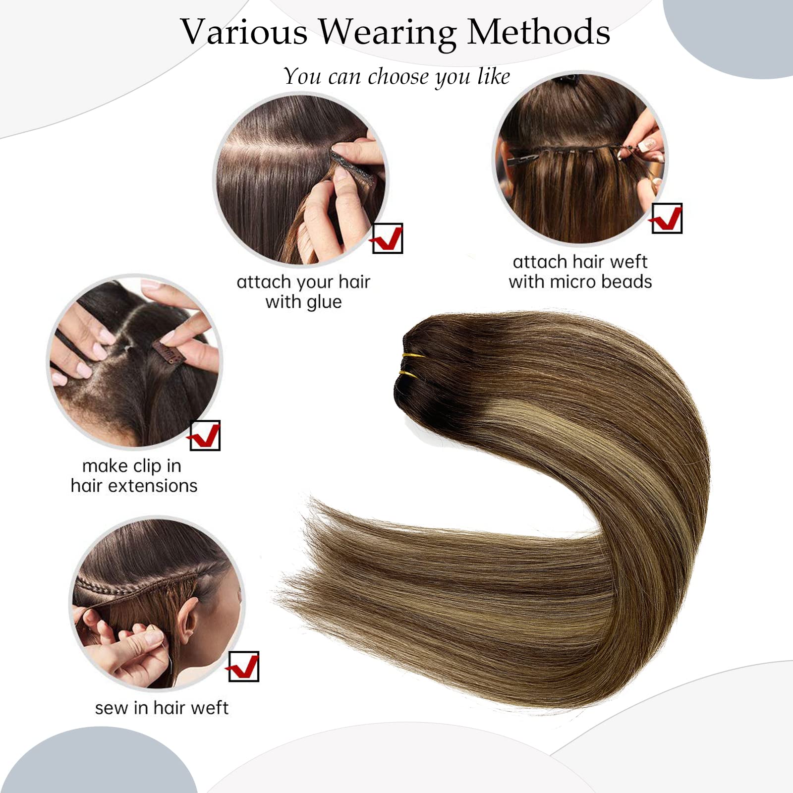 16 Inch 100G Hand Tied Weft Sew In Hair Extensions - Real Human Hair with Balayage Brown & Blonde Highlights for Women | Perfect for Volume Boost, Styling & Special Occasions