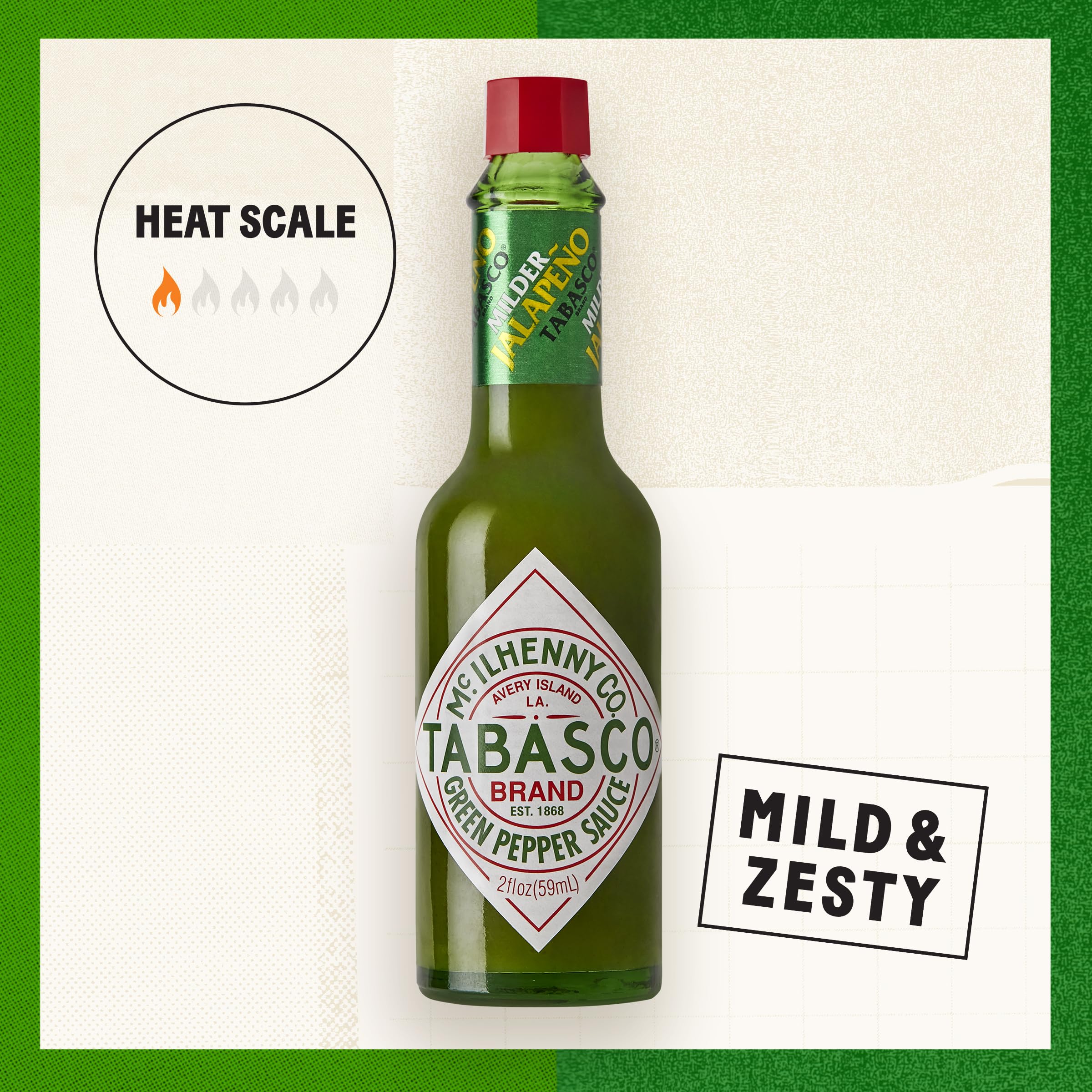 TABASCO® Green Jalapeno Pepper Sauce - Mild Hot Sauce in Glass Bottle (2 Fl Oz) | Versatile & Balanced Jalapeno Flavor | Perfect for Tacos, Nachos, Burgers & Grilling | Crisp Zesty Mexican Hot Sauce