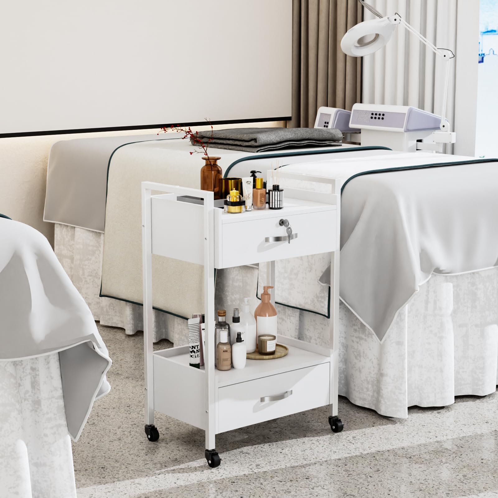 OmySalon Professional Salon Trolley Cart with Wheels - 2 Drawers & 2 Trays Mobile Storage Organizer for Beauty Spa, Massage, Tattoo & Facial Tools - White | Perfect for Estheticians, Salon Professionals & Home Beauty Stations