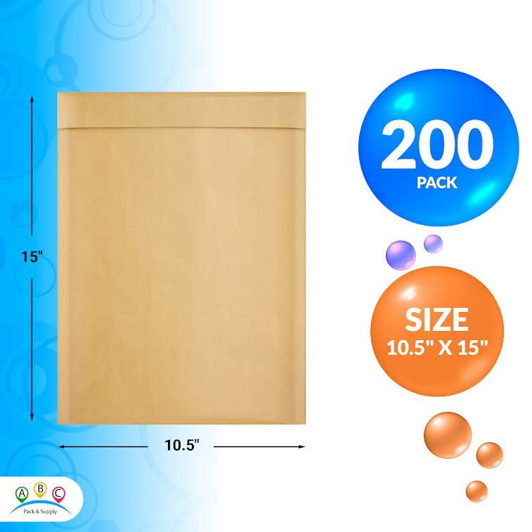 ABC 10.5x15 Inch Brown Kraft Bubble Mailer Envelopes - 200 Pack Self Seal Padded Mailing Bags | Water-Resistant & Opaque | Perfect for Jewelry, Cosmetics, Small Business Shipping & Ecommerce Packaging