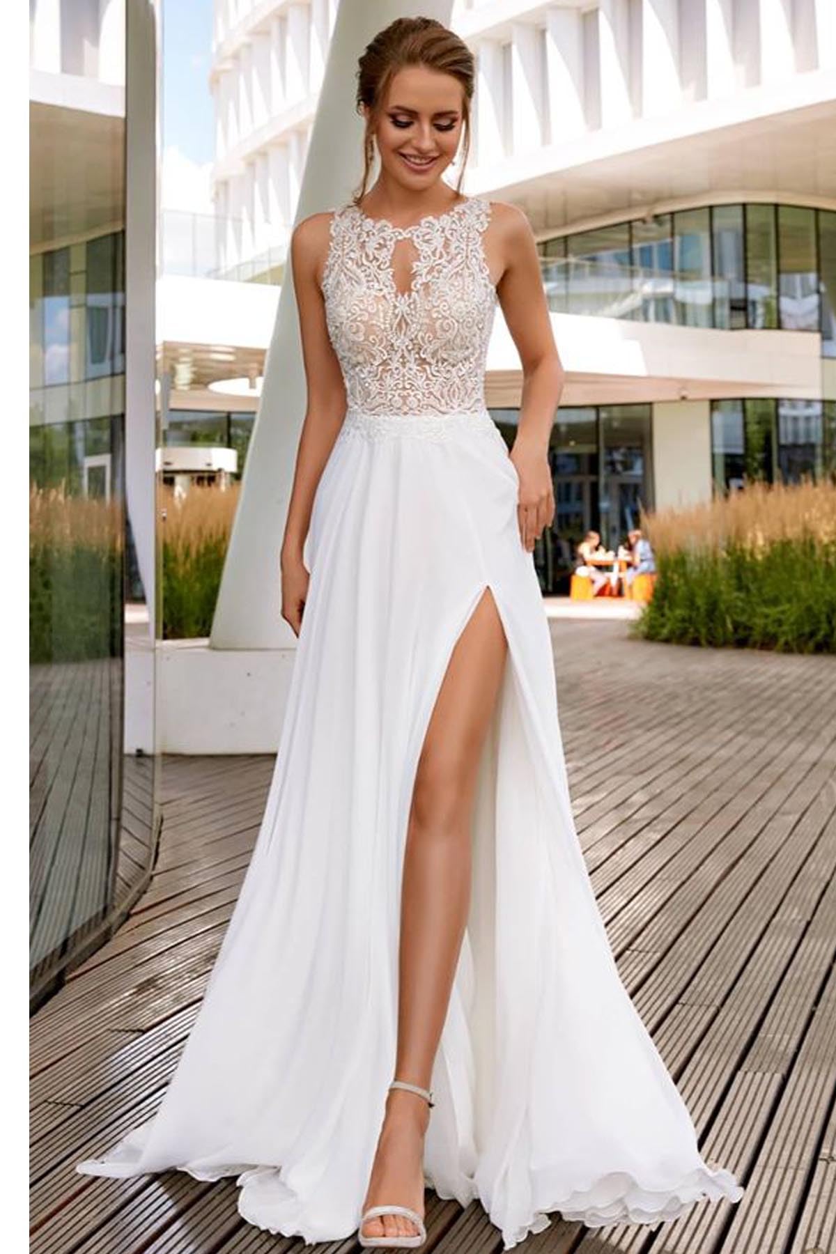 Elegant Lace Applique Beach Wedding Dress for Bride - Long Chiffon Bridal Gown with High Slit | Perfect for Beach Ceremonies, Destination Weddings & Romantic Photoshoots
