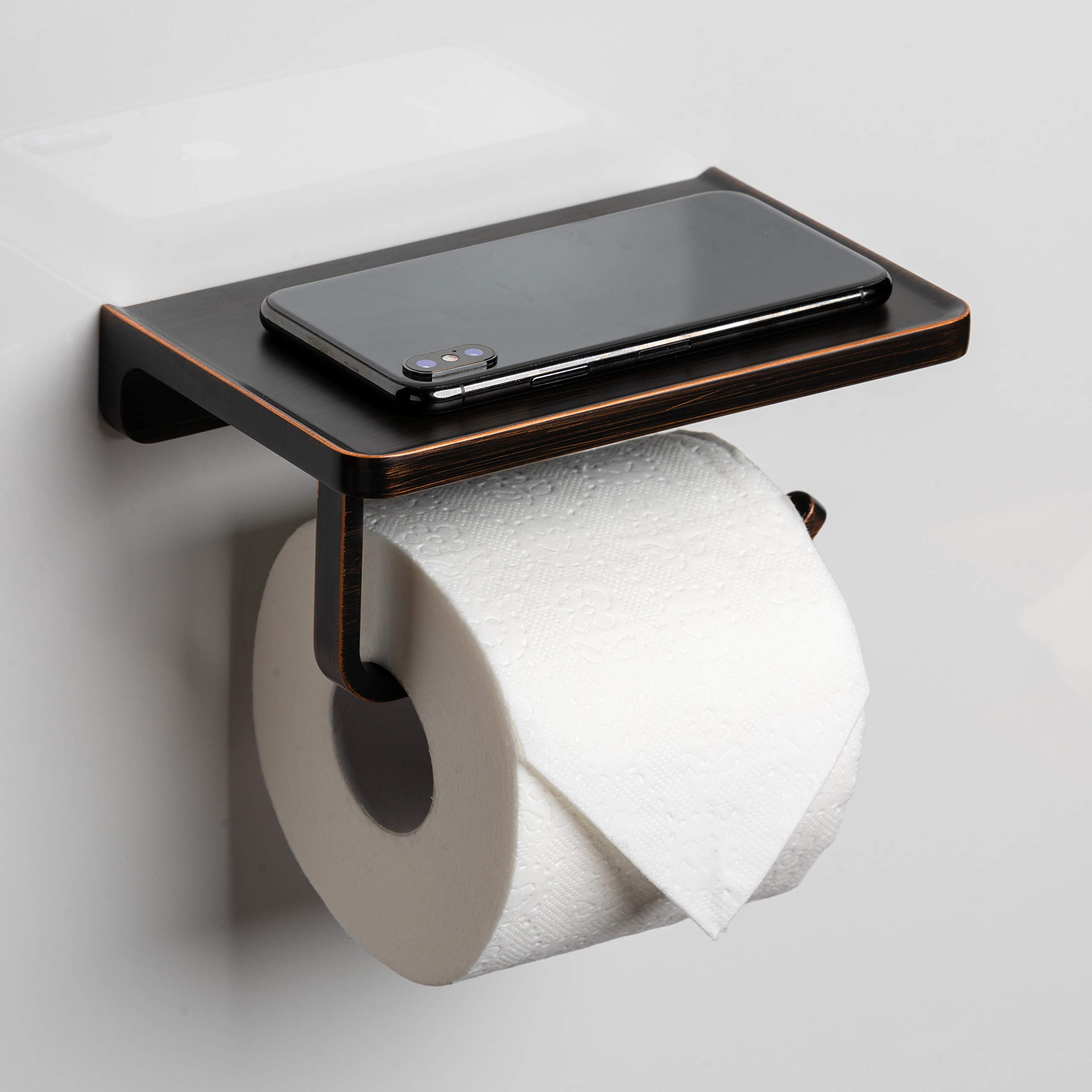 Oil Rubbed Bronze Toilet Paper Holder with Shelf - Wall Mount Bathroom Storage Organizer, Rust-Proof Aluminum Phone Shelf - Perfect for Small Bathrooms, Powder Rooms & Vanity Areas (Matte Finish)
