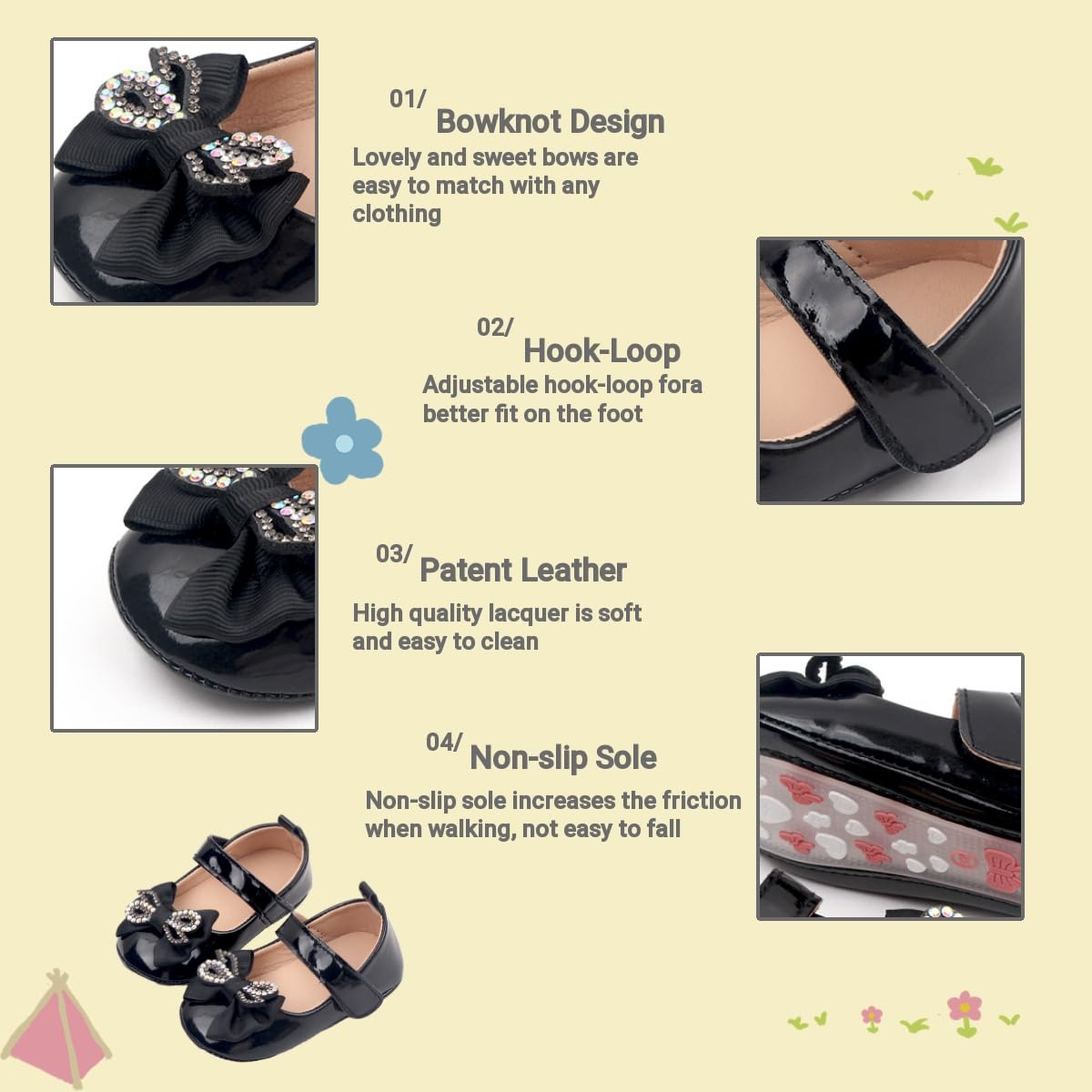 Baby Girls' First Walkers - Non-Slip Soft Sole Mary Jane Flats with Bowknot | Lightweight Infant Dress Shoes for Newborn Toddlers | Perfect for Weddings, Parties & Special Occasions