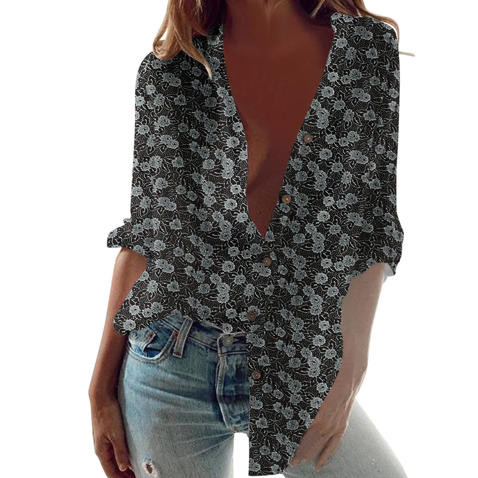 Women's Printed Button Down Shirt - Stand Collar Casual Long Sleeve Blouse for Work & Everyday Wear | Office, Dating & Weekend Outfits