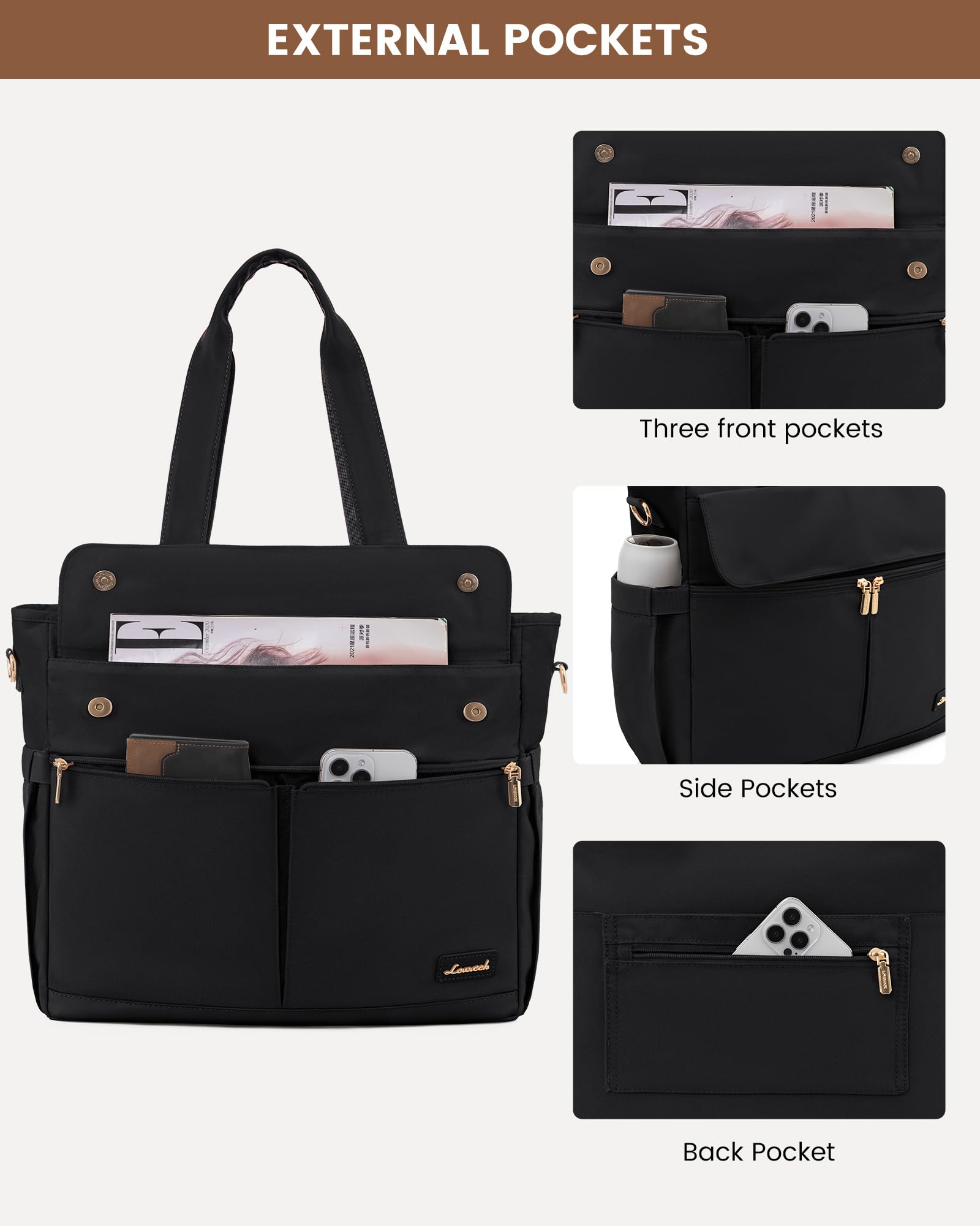 LOVEVOOK 15.6 Inch Women's Work Tote Bag with Laptop Compartment - Large Capacity Professional Teacher Bag, Casual Computer Briefcase for Office, Travel, Nurse, and School - Black