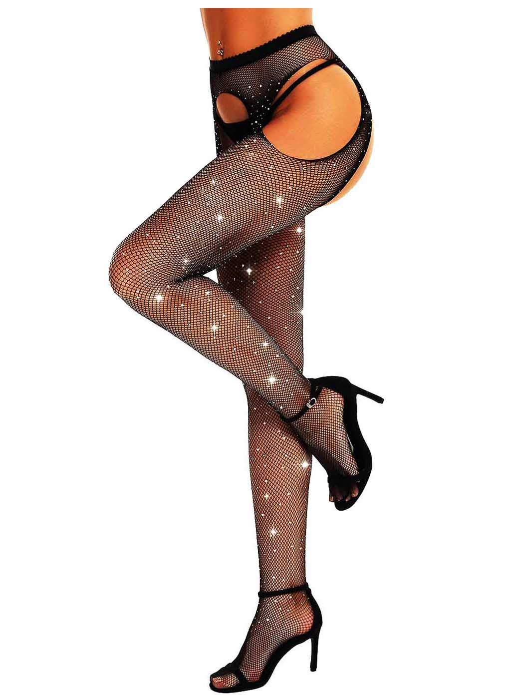 Yokawe Women's Sexy Fishnet Stockings with Rhinestones - High Waist Suspender Pantyhose & Thigh High Tights for Party, Cosplay, and Night Out