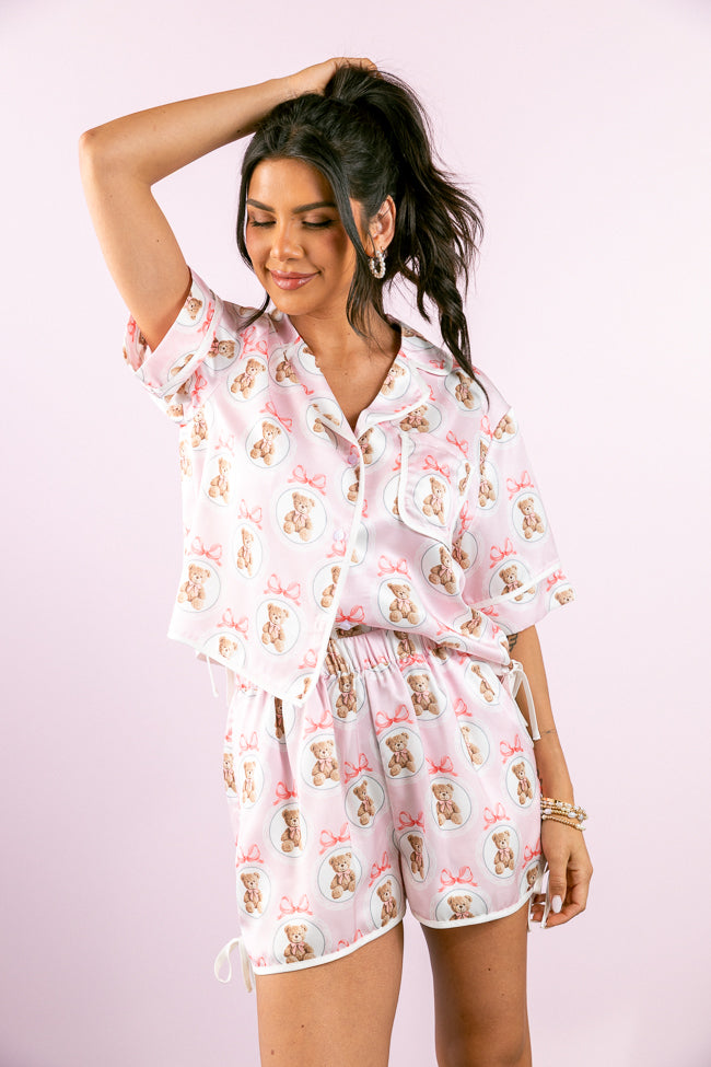 Cozy Teddy Bear Print Satin Pajama Shorts with Contrast Tie Detail - Soft Sleepwear for Women & Girls, Perfect for Lounging, Sleepovers and Relaxing at Home