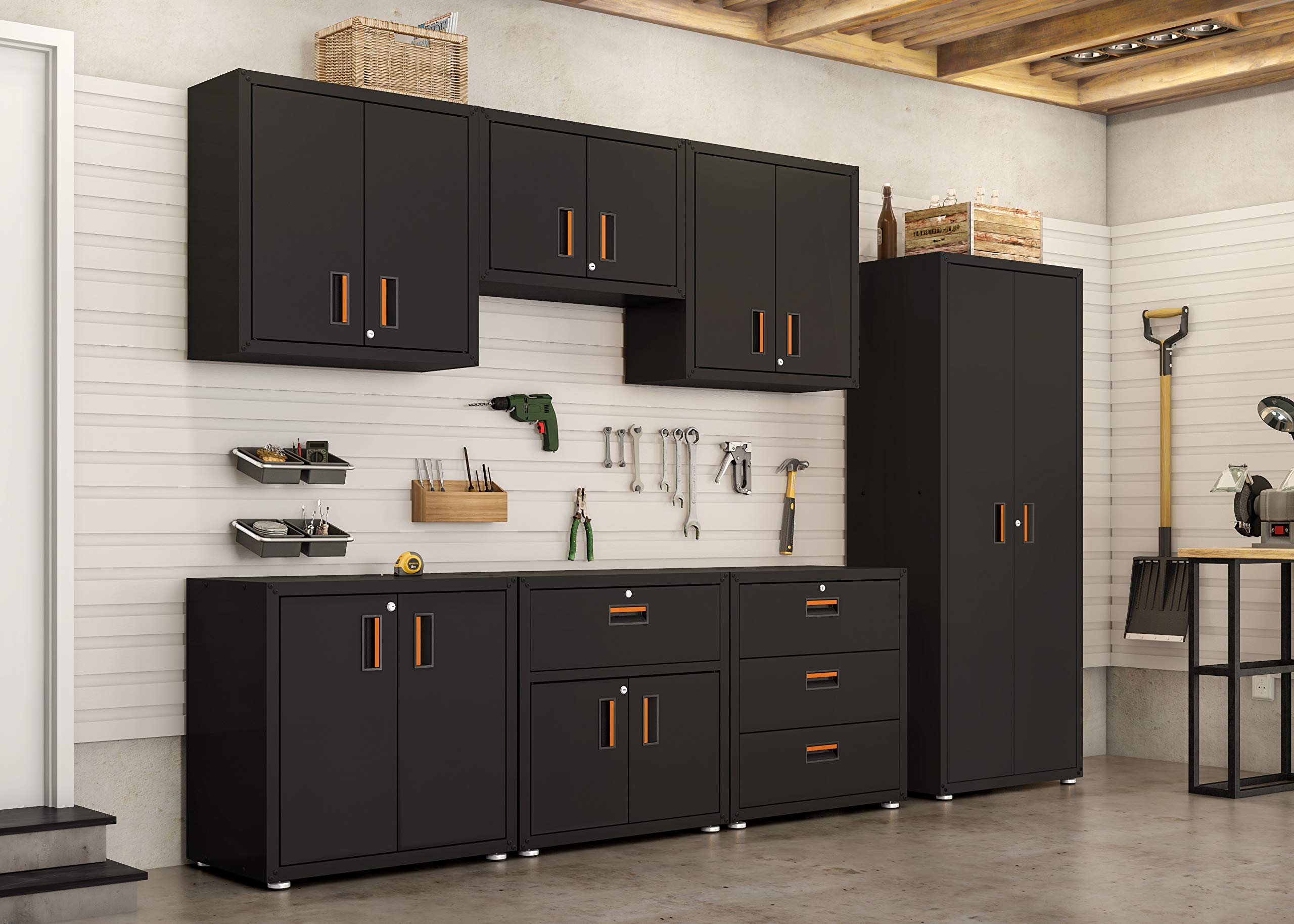 Wall Mount Garage Storage Cabinet - Lockable 2-Door Steel Metal Cabinet with 44 lbs Shelf Capacity & Removable Shelves | Ready-to-Assemble Floating Shelf for Garage Organization | Perfect for Tools, Sports Gear & Household Storage (Black)
