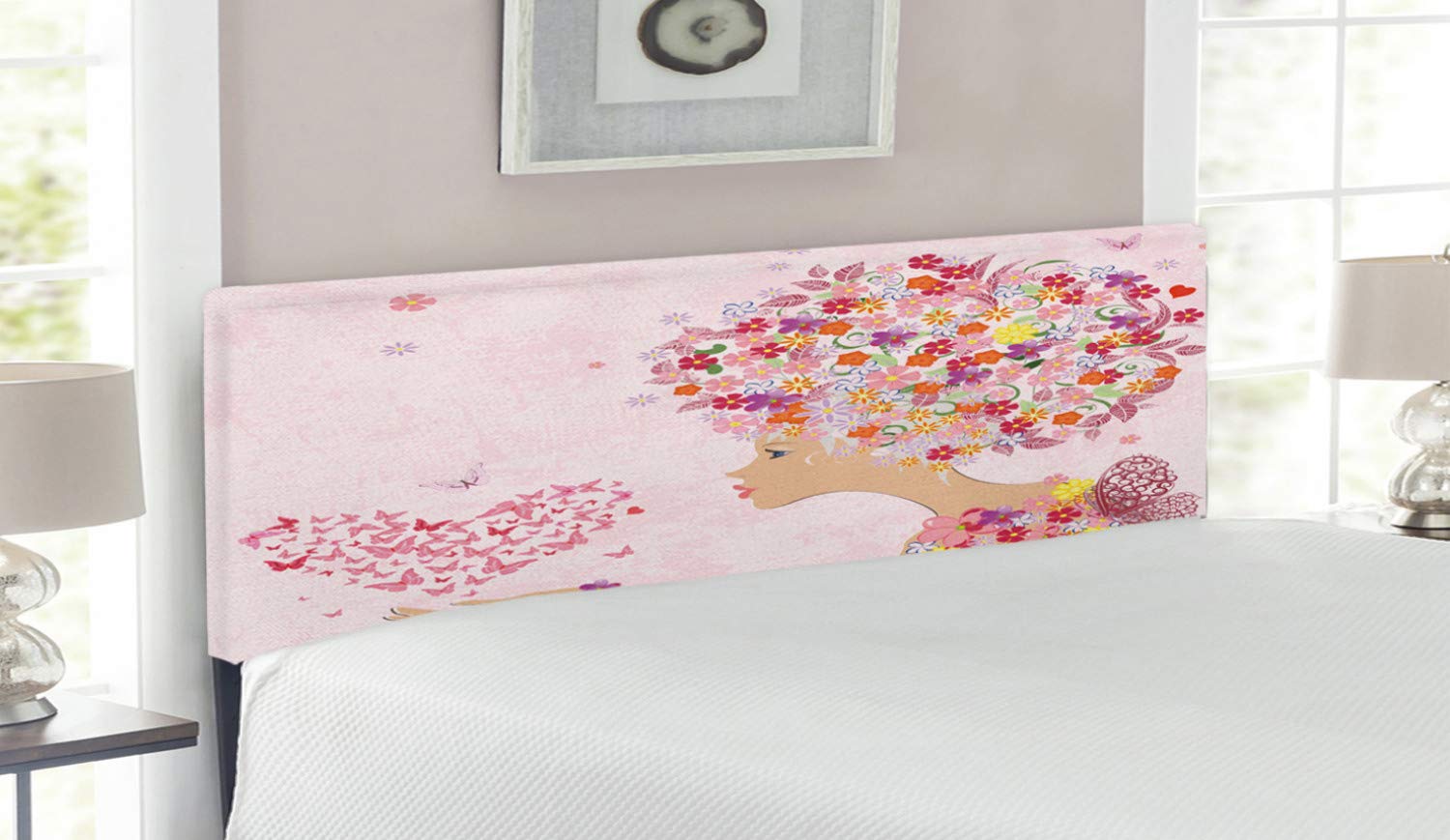 Ambesonne Pink Floral Headboard with Heart & Butterfly Wings - Hand Drawn Spring Theme Upholstered Metal Bed Headboard with Memory Foam - Queen Size Multicolor - Perfect for Girls' Bedroom & Boho Chic Decor
