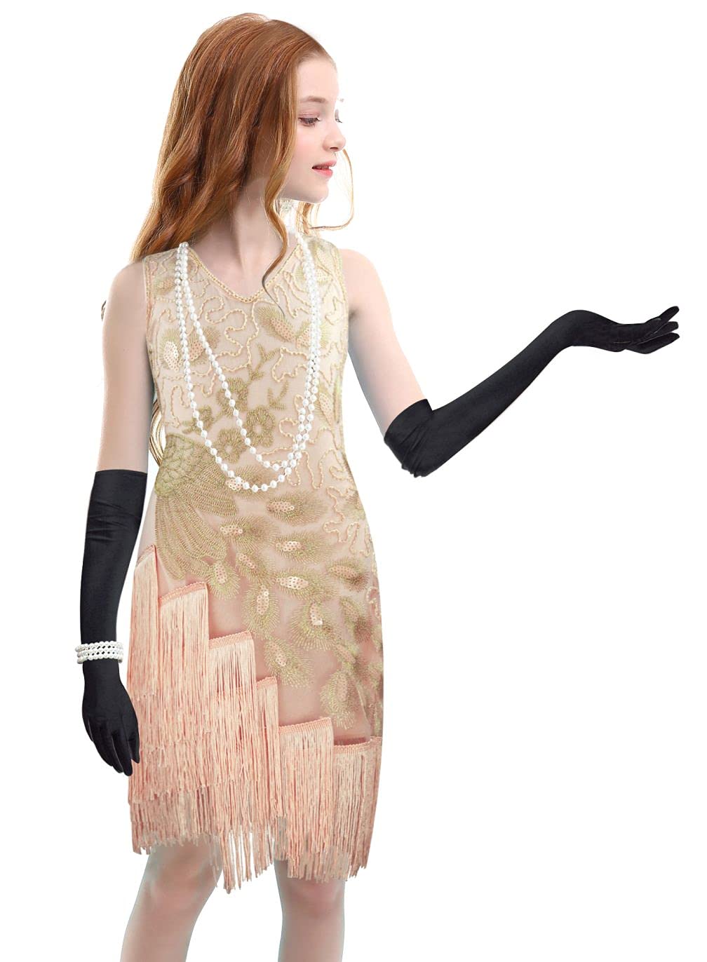 1920s Kids Sequined Fringed Chicken Feather Dress - Vintage Flapper Costume for Latin Dance Performance & Halloween Party - Complete Accessories Set for Girls' Stage Shows, Photo Shoots & Themed Events