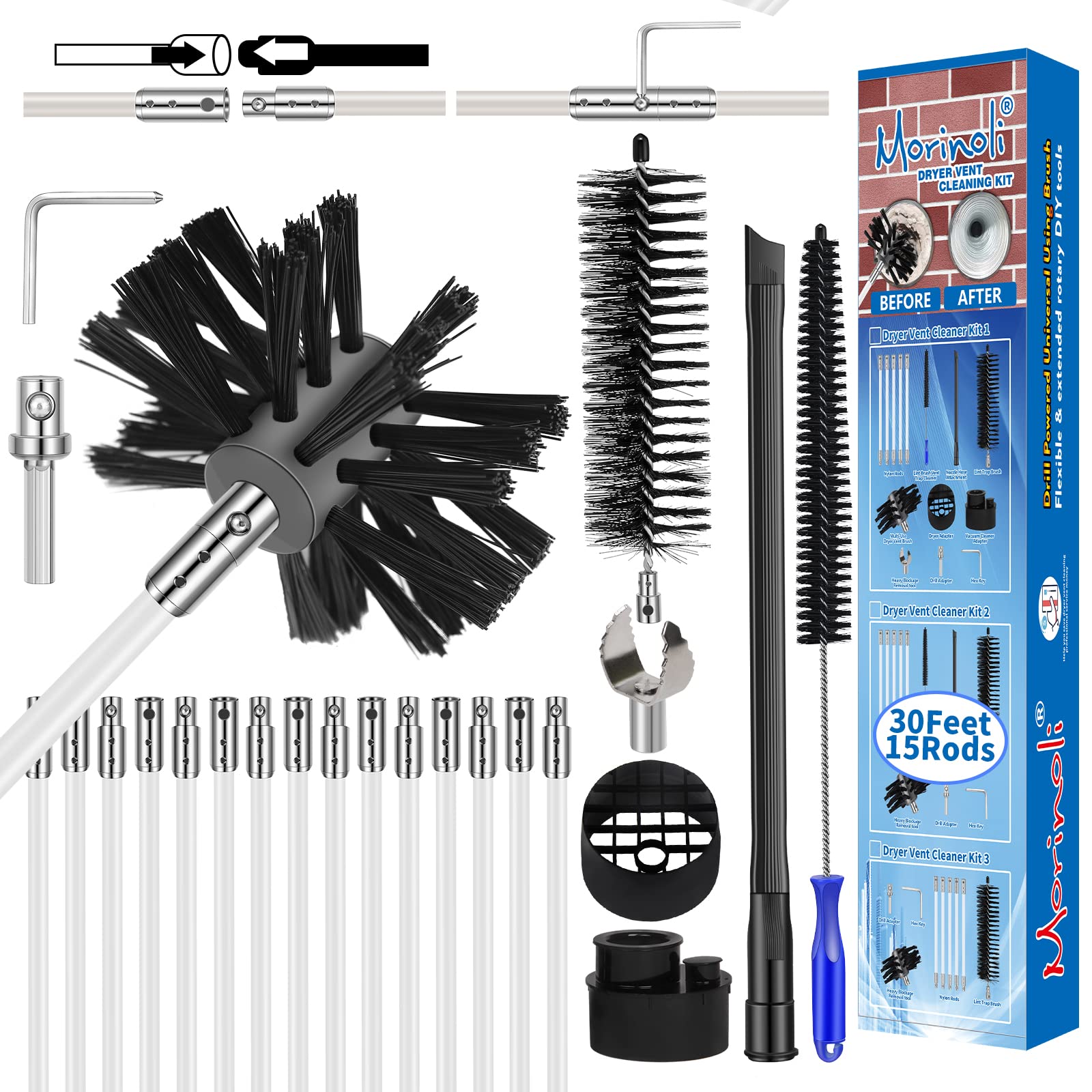 30 Feet Dryer Vent Cleaning Kit with Chrome Button Locking System - Lint Removal Tool with Vacuum Attachment & Nozzle Hose - Perfect for Home Laundry Room Maintenance & Dryer Vent Safety