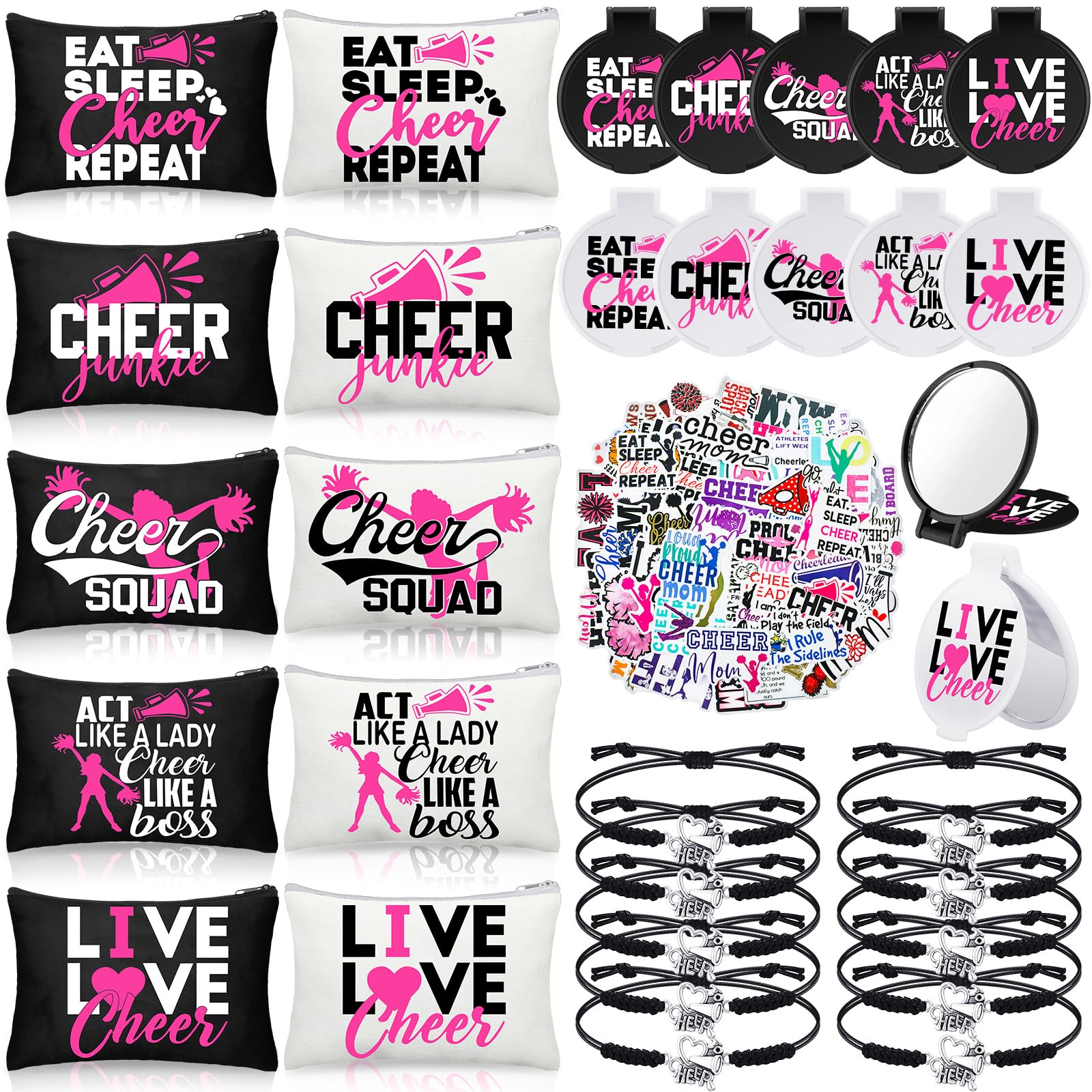 80 Pcs Cheerleader Gift Set - Cheer Mirror, Makeup Bag, Adjustable Bracelets, Stickers & Hair Scrunchies - Perfect for Sports Parties, Team Gifts & Cheerleading Events | Great for Game Days, Pep Rallies & Spirit Week Celebrations