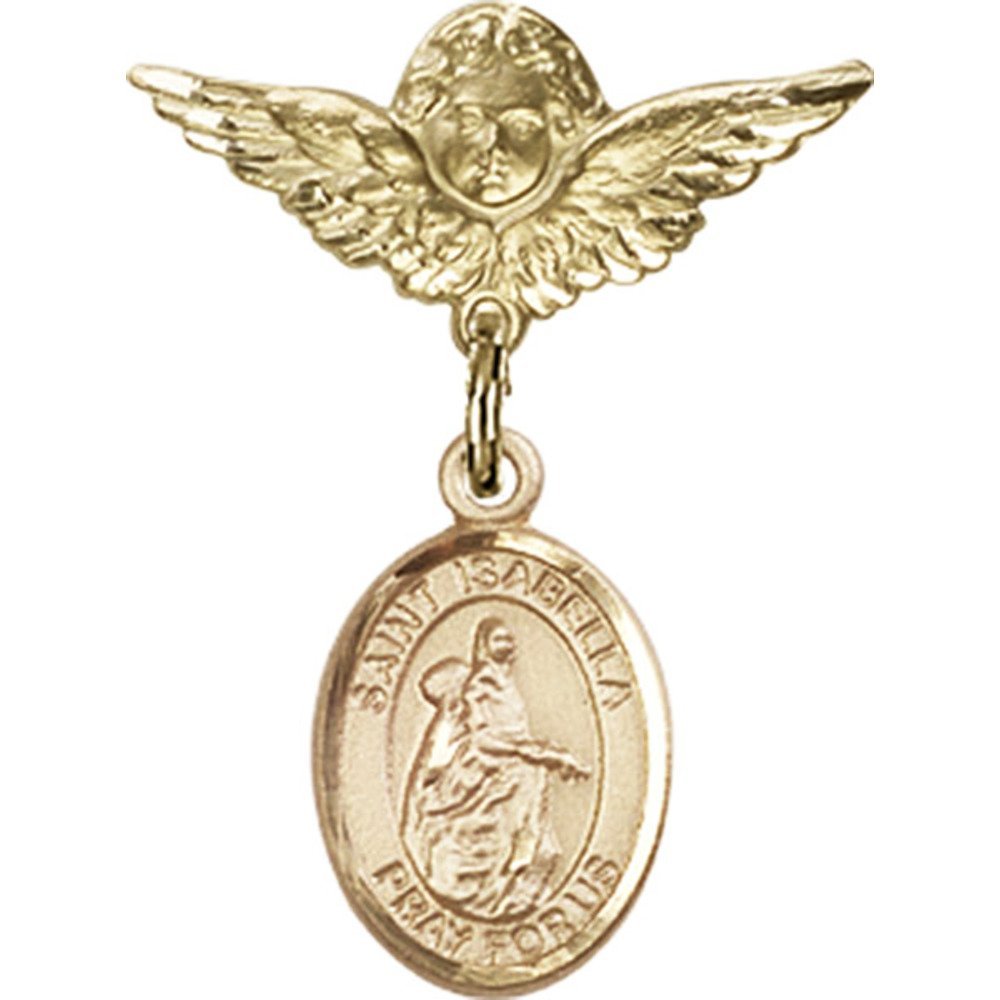 Gold Filled Baby Badge Pin with St. Isabella of Portugal Charm & Angel Wing Design - 1 x 3/4 Inch - Perfect for Christening Gifts, Baby Showers & Keepsake Jewelry