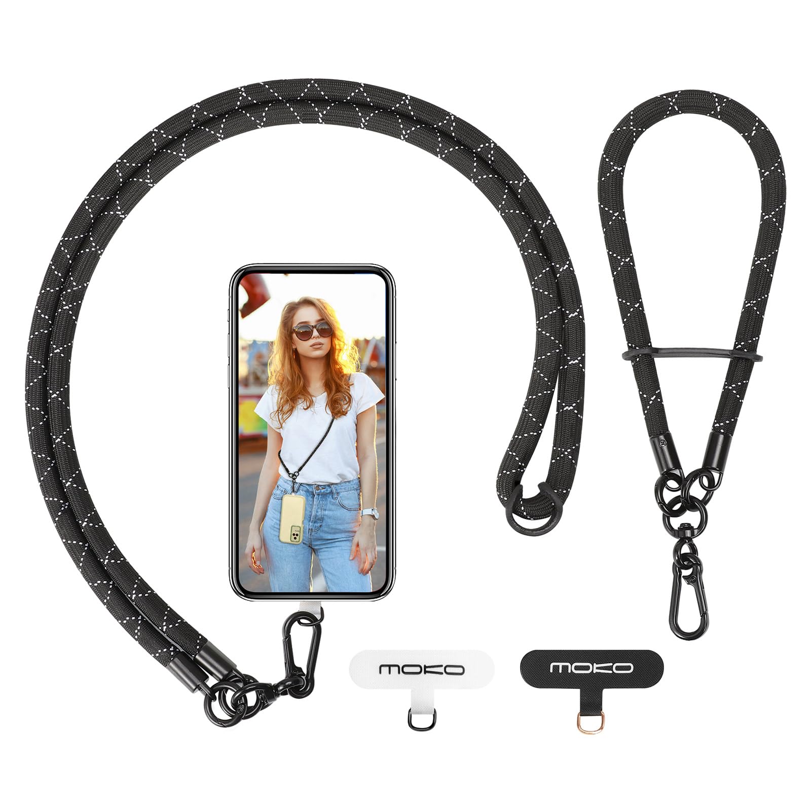 MoKo Adjustable Crossbody Phone Lanyard with Wrist Strap - 8mm Thick Premium Rope for iPhone, Samsung & Smartphones | Includes Neck Strap, Wrist Strap & 2 Lanyard Patches (Black) - Perfect for Travel, Work, Gym & Outdoor Activities
