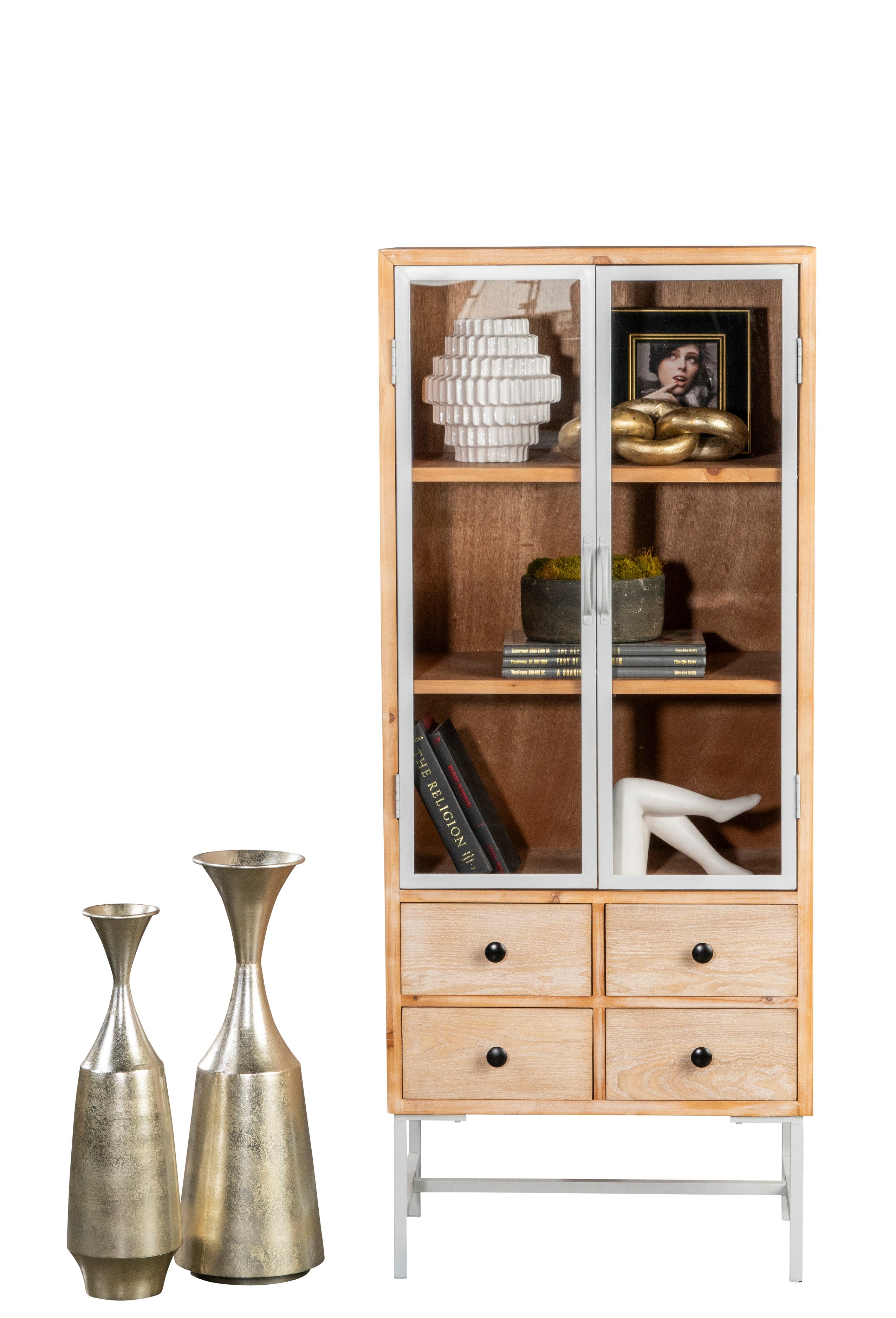 Alina 2-Door Glass Display Cabinet with Metal Frame - Modern Accent Storage for Living Room, Bedroom or Office Decor