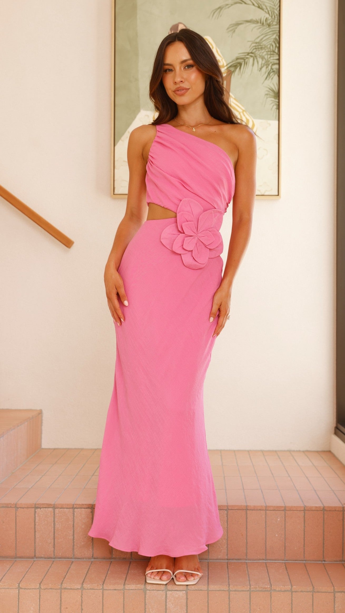 Bloom One Shoulder Cut Out Maxi Dress in Hot Pink - Elegant Summer Beach Wedding Party Dress for Women