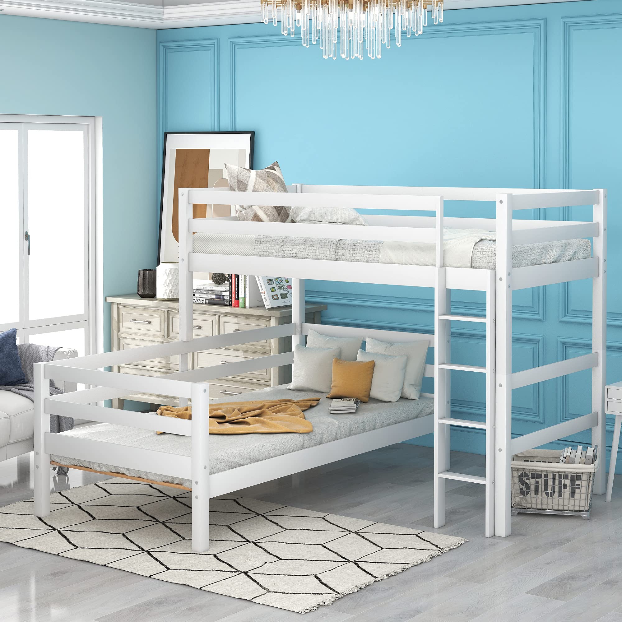 Solid Wood Twin Bunk Bed with Ladder - White Kids Bed for Small Spaces