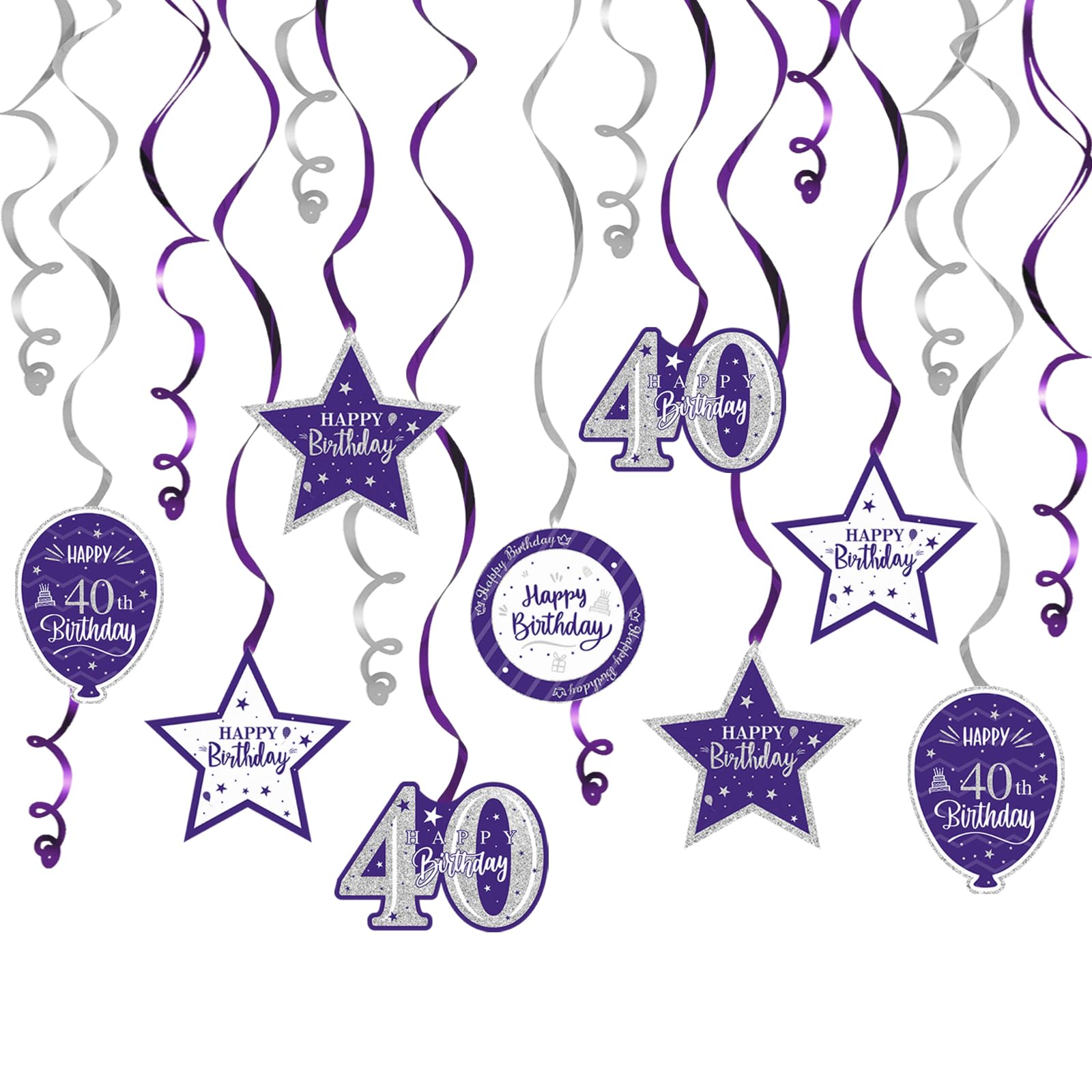 40th Birthday Party Decorations - 15 Pcs Purple & Silver Glitter Swirl Streamers Kit for Hanging Decor, Perfect for 40th Birthday Sign, Backdrop, Wall & Ceiling Decorations | Great for Anniversary Celebrations, Milestone Parties & Festive Events