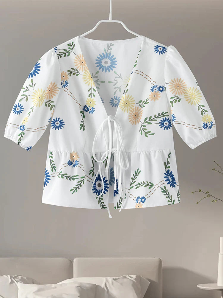 Women's Fashion Print Bow Lace-Up Blouse - Loose V-Neck Short Puff Sleeve Top for Spring & Summer | Casual Floral Shirt for Ladies | Perfect for Office Wear, Date Nights & Weekend Outings