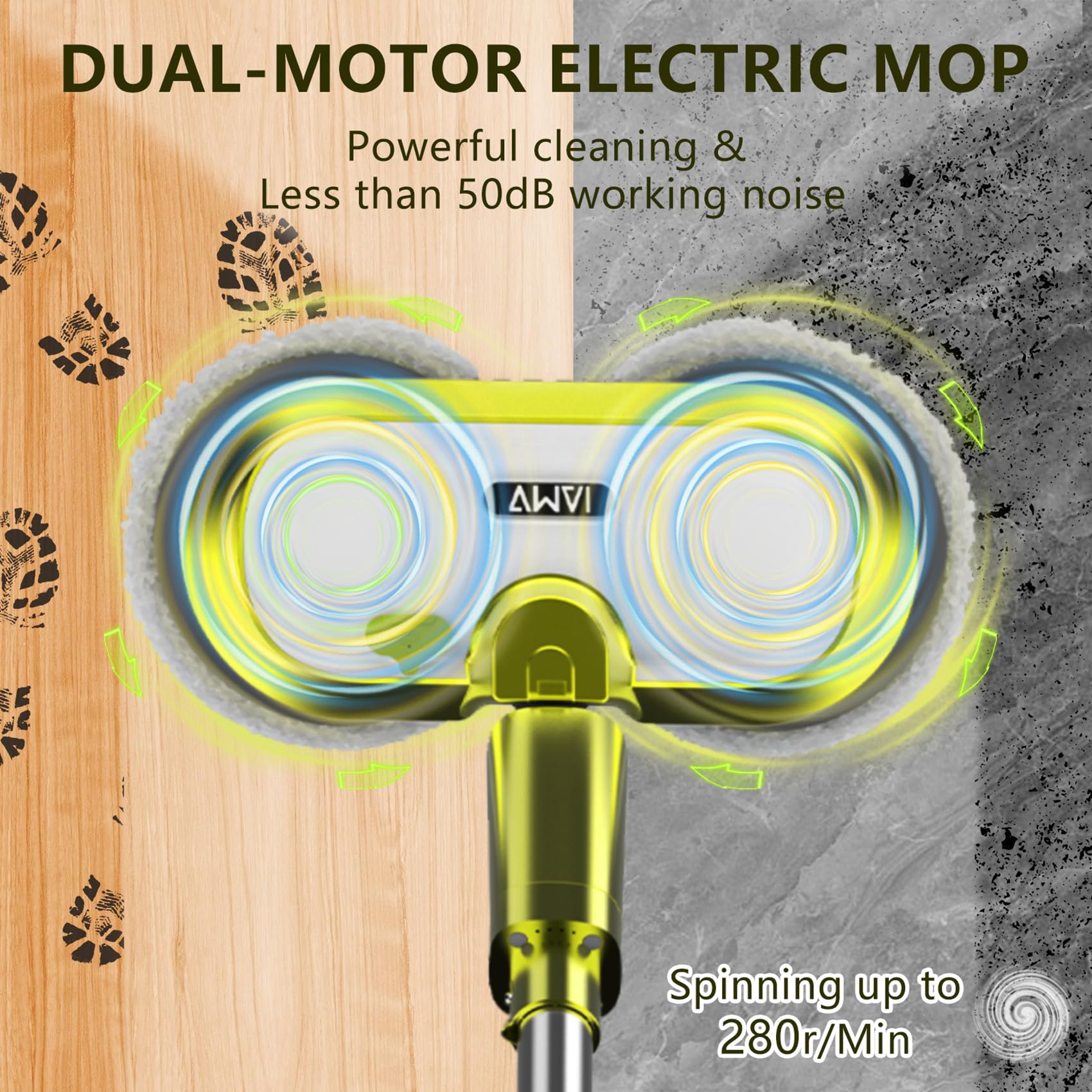 Cordless Electric Spin Mop with LED Headlight & Water Spray - 60 Min Runtime, 300ml Detachable Tank, Super Quiet Floor Cleaner & Waxing Machine - Perfect for Hardwood, Tile & Laminate Floors
