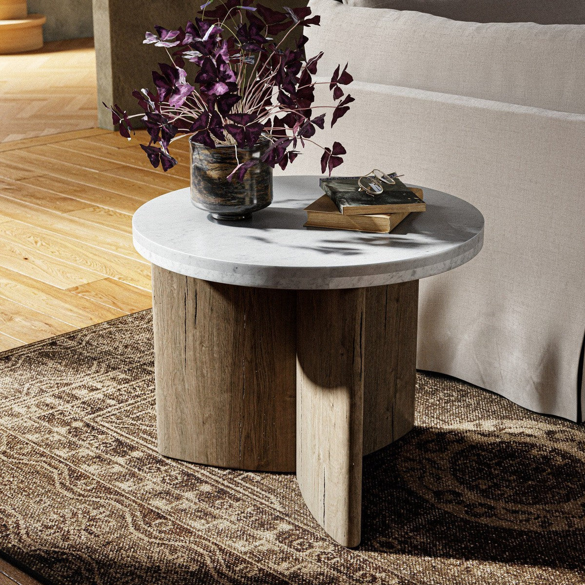 Amadis End Table - Italian White Marble & Rustic Grey Wood Side Table for Living Room, Bedroom | Modern Nightstand with Storage Shelf | Perfect for Small Spaces, Apartments & Home Decor