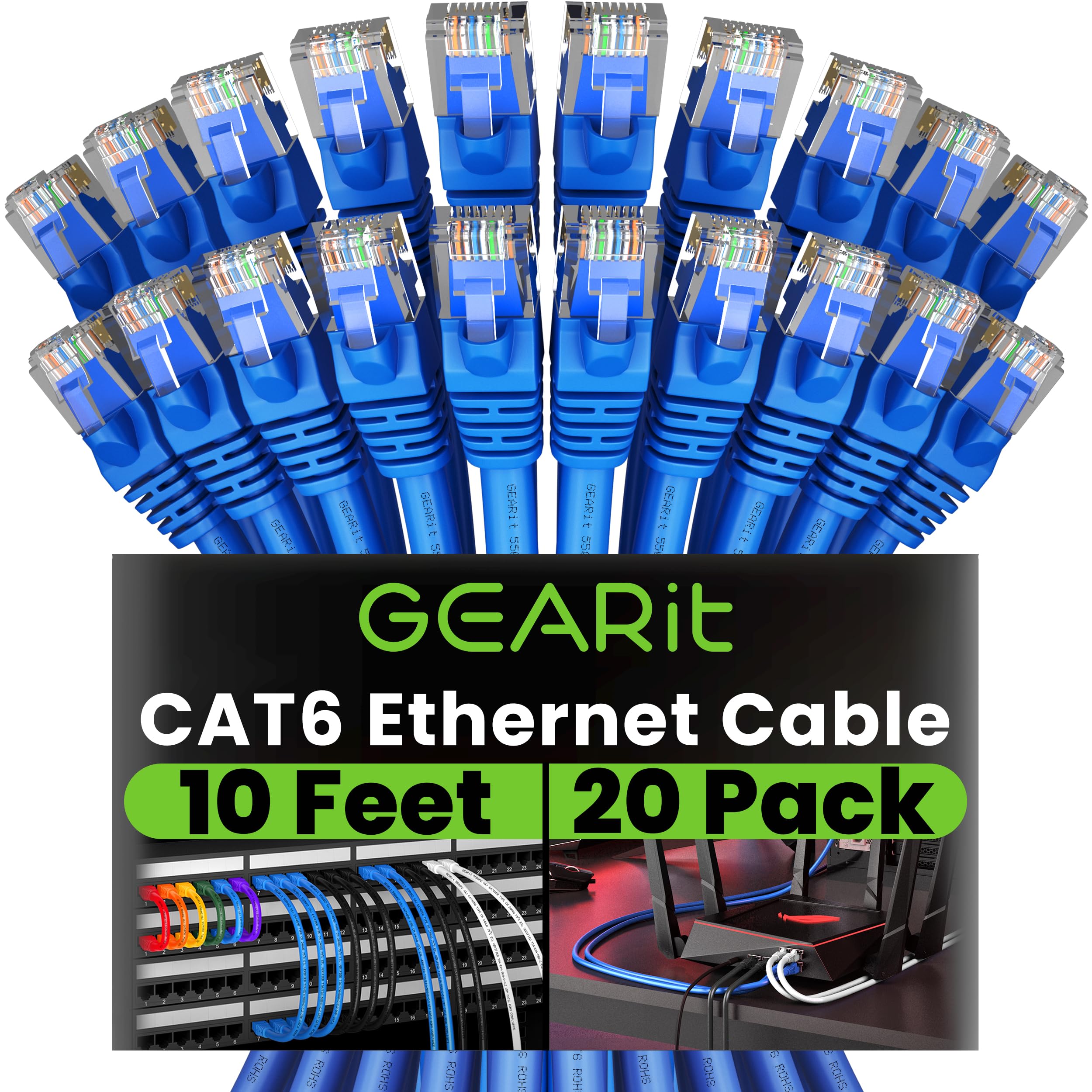 GearIT Cat 6 Ethernet Cable 20-Pack (10 Feet) - 10Gbps High-Speed Snagless RJ45 Network Patch Cord with Gold-Plated Connectors - Ideal for PC, Gaming, Smart TV, Home Office, Server Rooms & Data Centers - Blue