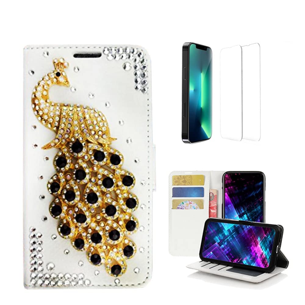 Sparkly 3D Handmade Crystal Wallet Phone Case for iPhone 13 Pro Max - Peacock & Black Leather Cover with Screen Protector (2 Pack) | Perfect for Parties, Weddings & Everyday Glam Accessory