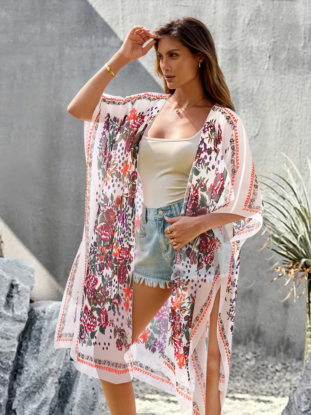 MayBuy Women's Summer Long Flowy Kimono Cardigan - Boho Chiffon Beach Cover Up Tops for Vacation, Pool Party & Outdoor Wear