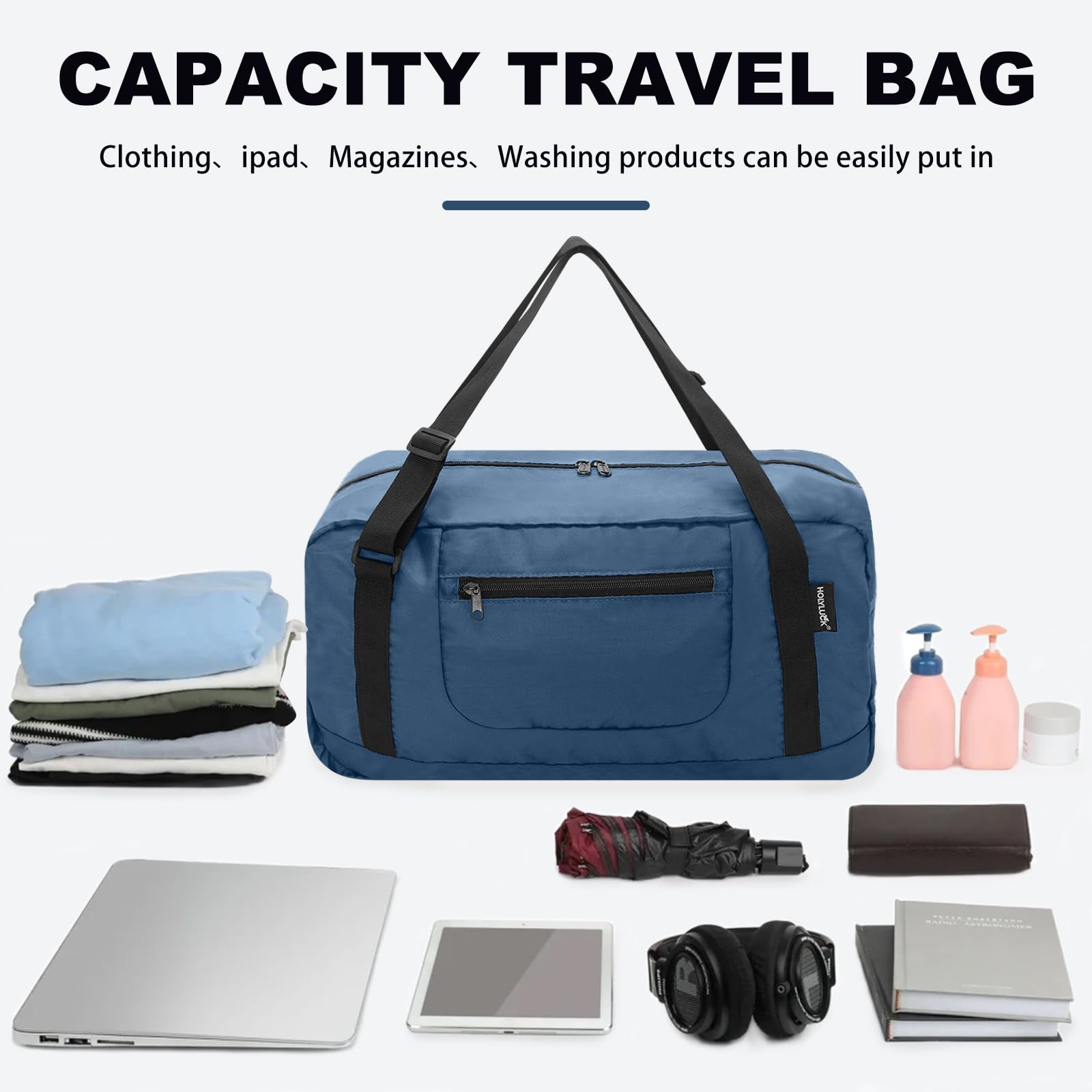 HOLYLUCK Foldable Travel Duffel Bag for Women & Men - Lightweight Gym Bag, Carry-On Luggage for Workouts, Sports, Weekend Trips - Airforce Blue | Perfect for Gym, Travel, Sports & Outdoor Activities