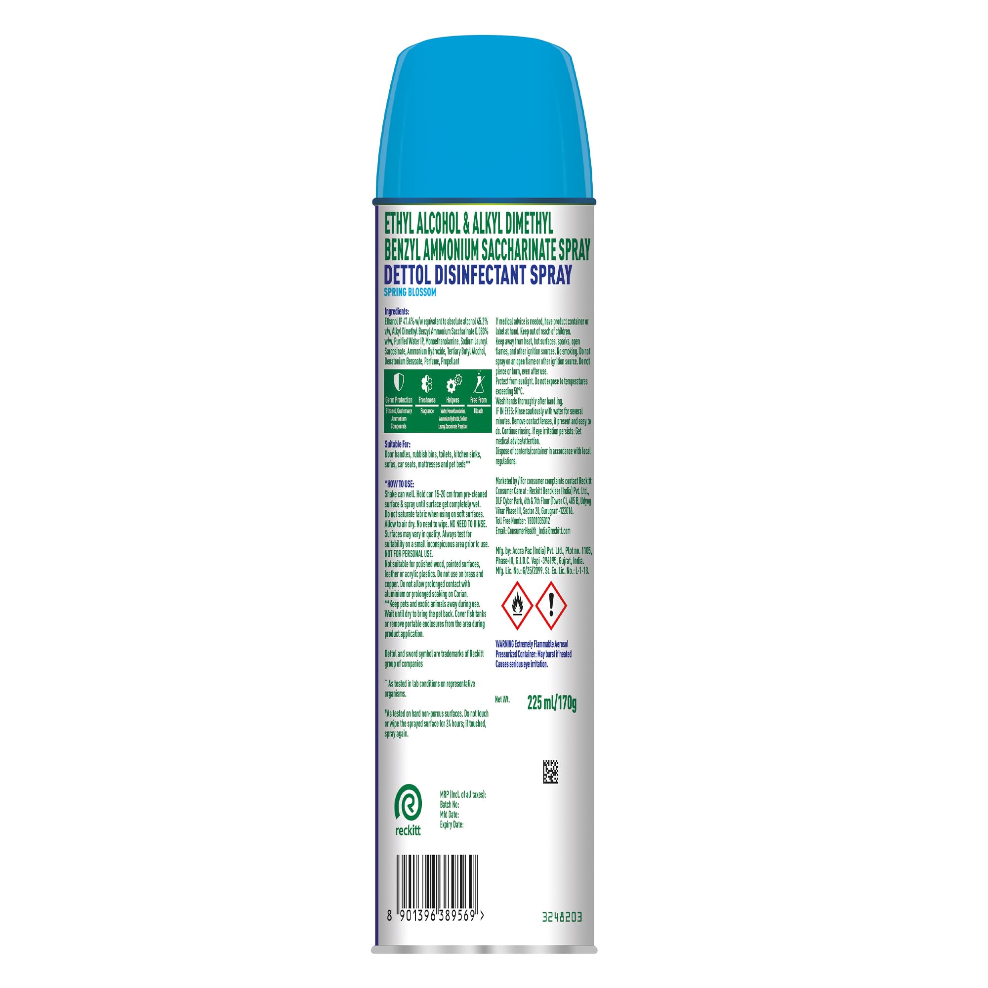 Dettol Multi-Surface Disinfectant Sanitizer Spray Bottle - 24 Hours Antibacterial Protection | Kills 99.9% Germs on Hard & Soft Surfaces | Spring Blossom Scent (225ml, Pack of 2) | Ideal for Home, Office & Travel Use