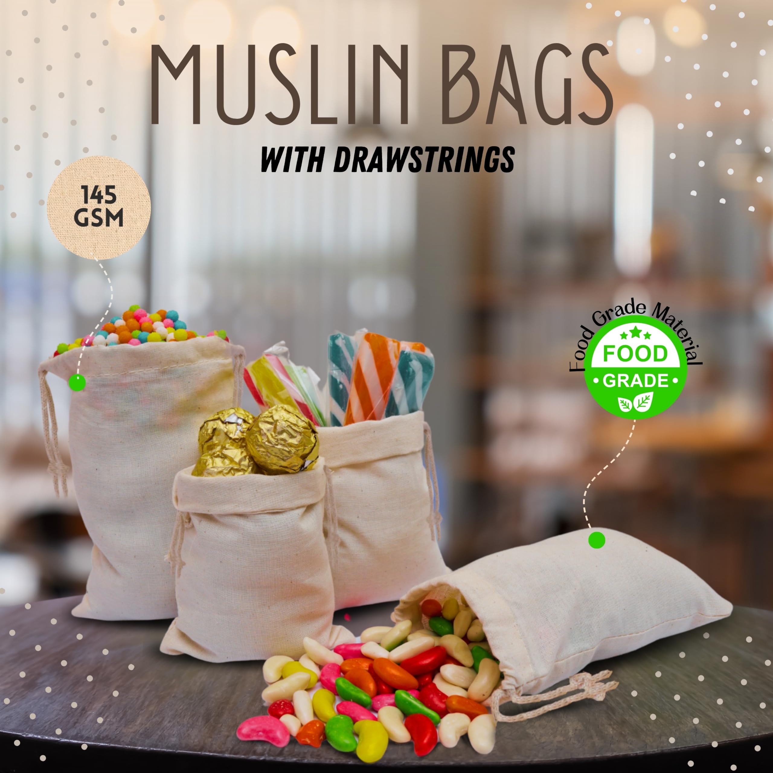Organic Cotton Muslin Bags with Drawstrings - 100% Natural, Washable & Biodegradable Food Storage Bags | Perfect for Bulk Foods, Herbs, Tea, Produce & Zero Waste Lifestyle
