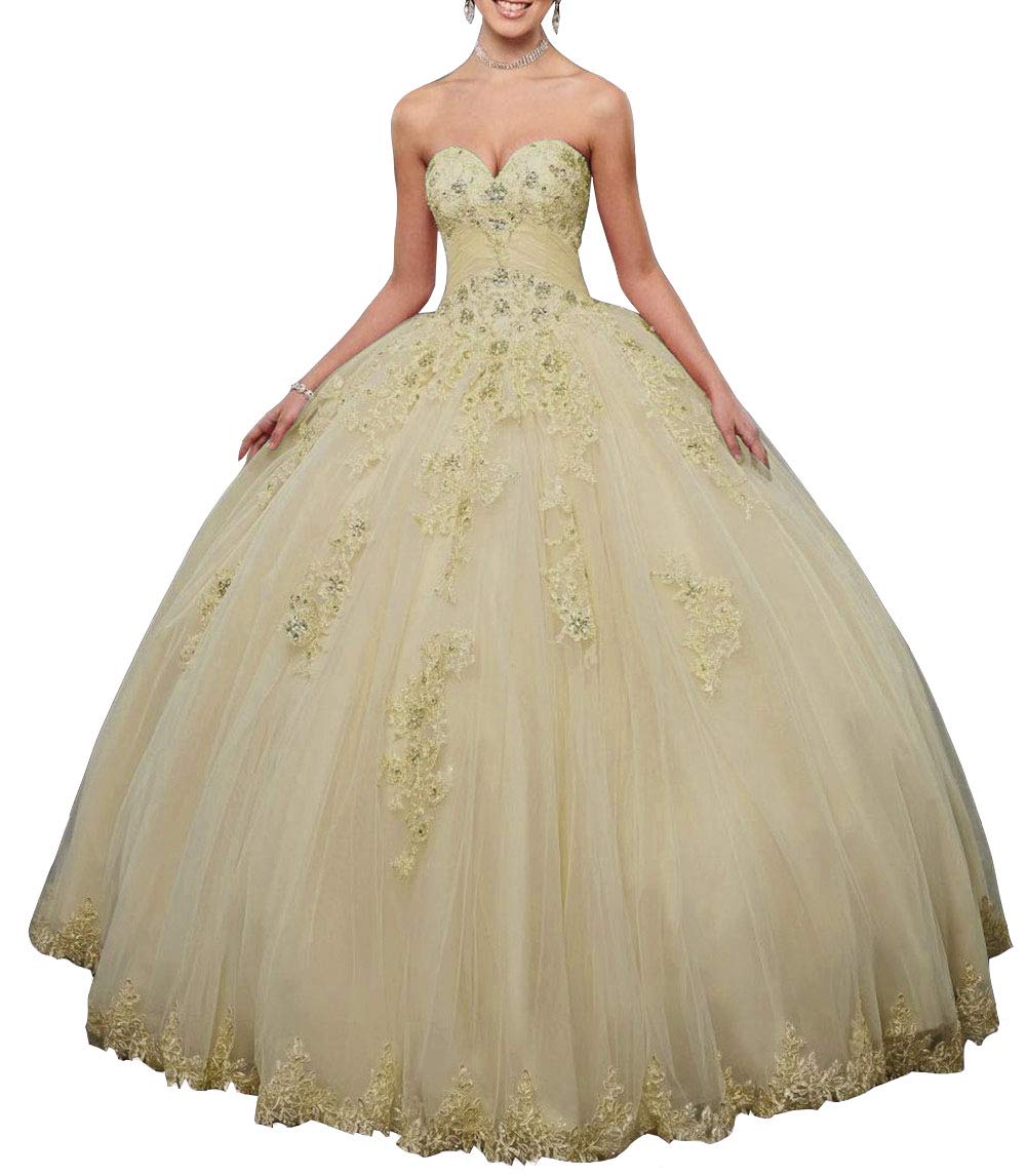 Emmani Women's Sweetheart Quinceanera Dresses with Lace Appliques - Princess Prom Party Gowns in Light Yellow | Perfect for Quinceañeras, Proms, Weddings & Special Occasions