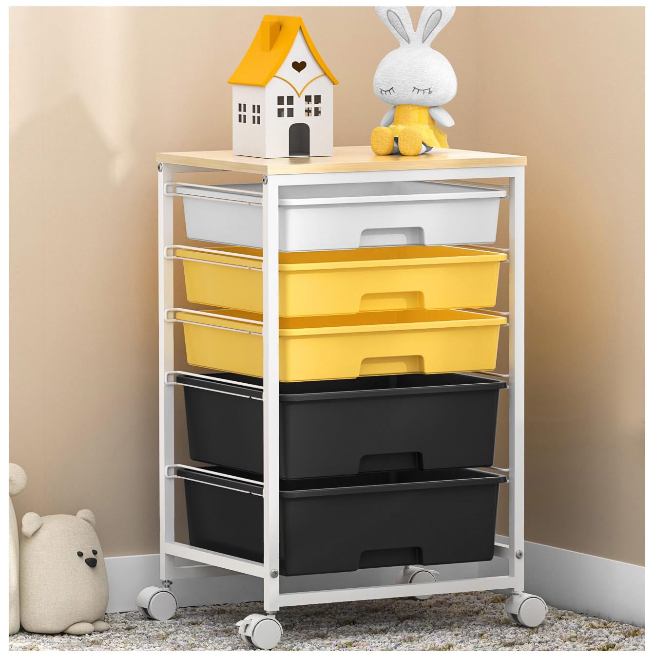 5-Drawer Utility Cart with Wooden Tabletop & Lockable Wheels - Large Capacity Rolling Storage Cart for Home, Office, or Workshop (Yellow) - Perfect for Organizing Tools, Crafts, or Office Supplies