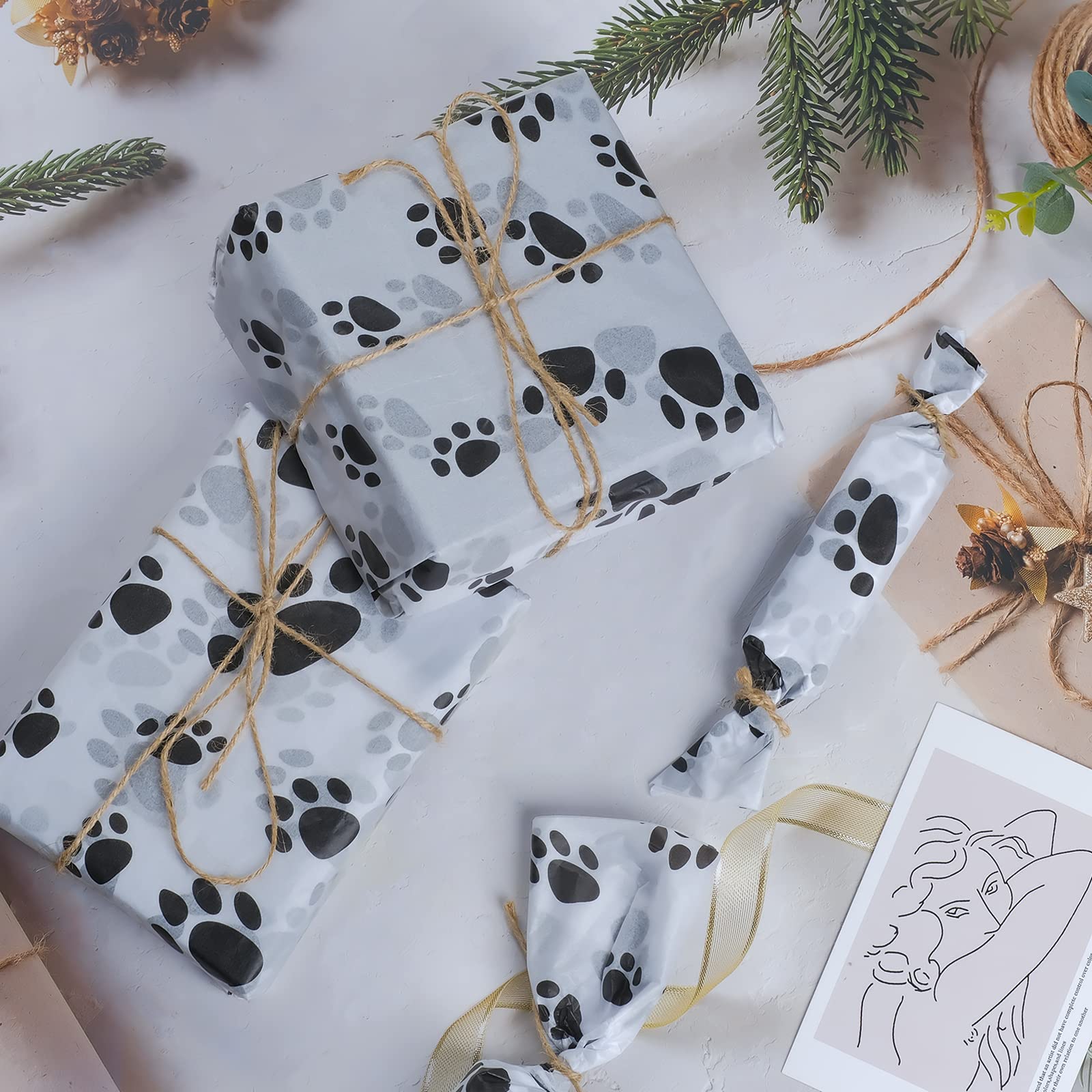 100 Sheets Dog Paw Print Wrapping Paper - Rustic Art Holiday Gift Wrap Tissue for Bags, Presents, and Crafts | Perfect for Christmas, Birthdays, and Pet Lover Gifts
