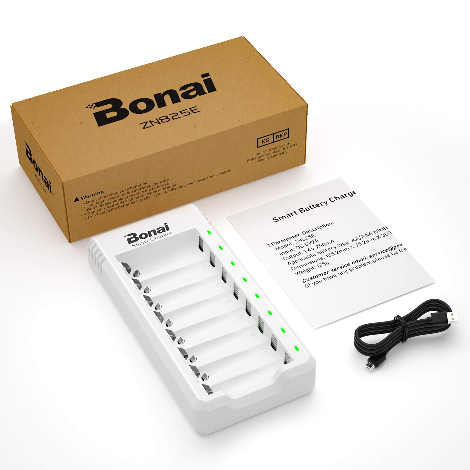 BONAI 8-Slot Smart Fast Battery Charger for AA AAA Ni-MH Ni-CD Rechargeable Batteries - Perfect for Cameras, Toys, and Electronic Devices