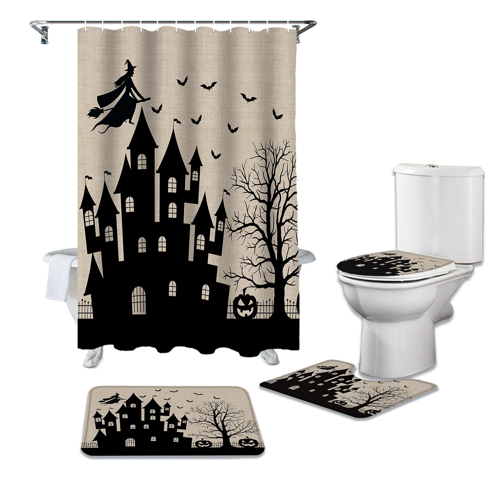 4-Piece Halloween Shower Curtain Set - Haunted House Castle Design with Witches, Pumpkins & Bats - Waterproof Bathroom Decor Includes Non-Slip Bath Mat, U-Shape Rug & Toilet Cover - Perfect for Spooky Bathroom Makeover & Halloween Party Decorations