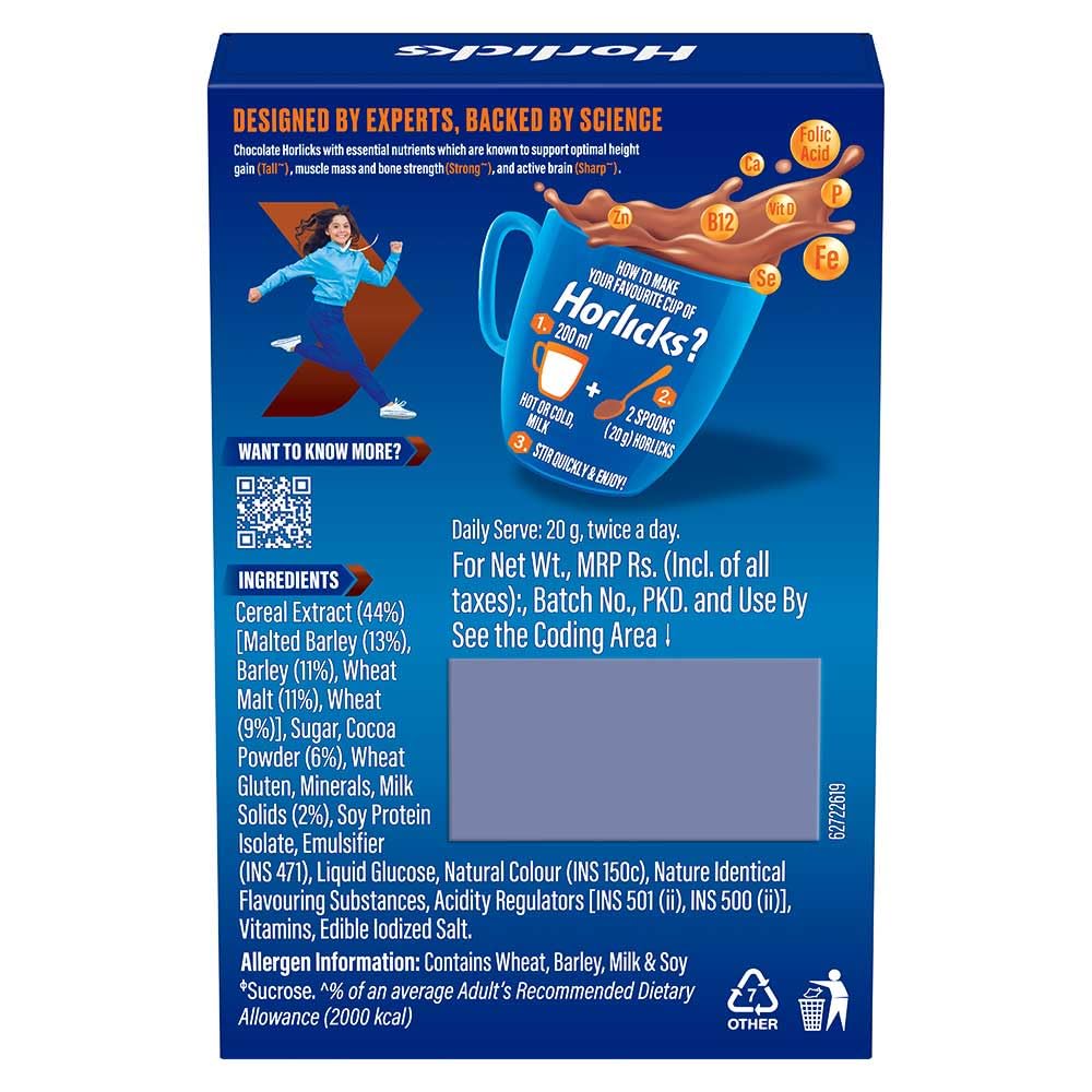 Horlicks Chocolate Nutrition Drink Powder - 500g Carton | Rich in Vitamins & Minerals for Kids & Adults | Perfect for Breakfast, Post-Workout & Healthy Snacking