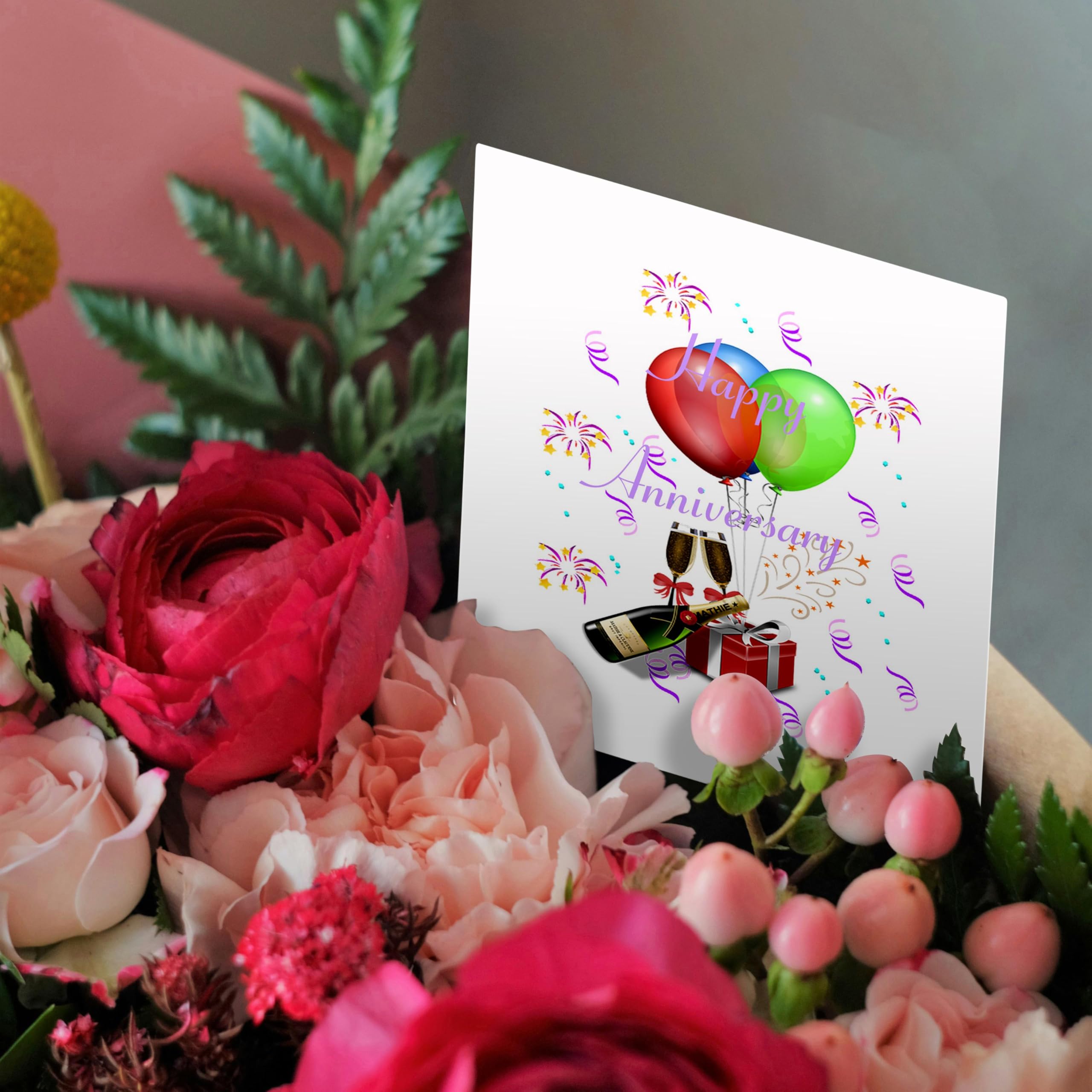 3D Rose Happy Anniversary Greeting Card with Champagne & Balloons Design - Perfect for Anniversaries, Weddings & Romantic Celebrations (gc_181035_2)