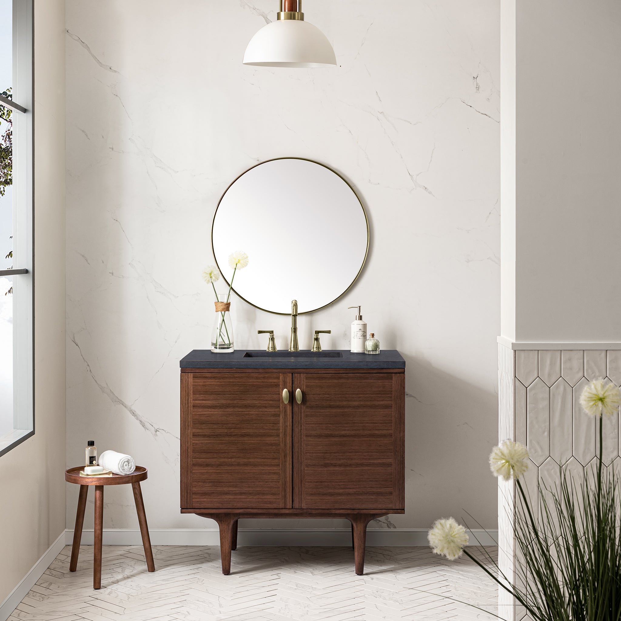 Amberly 36 Inch Single Bathroom Vanity - Mid Century Modern Walnut Wood Vanity with Sink for Small Bathrooms & Powder Rooms