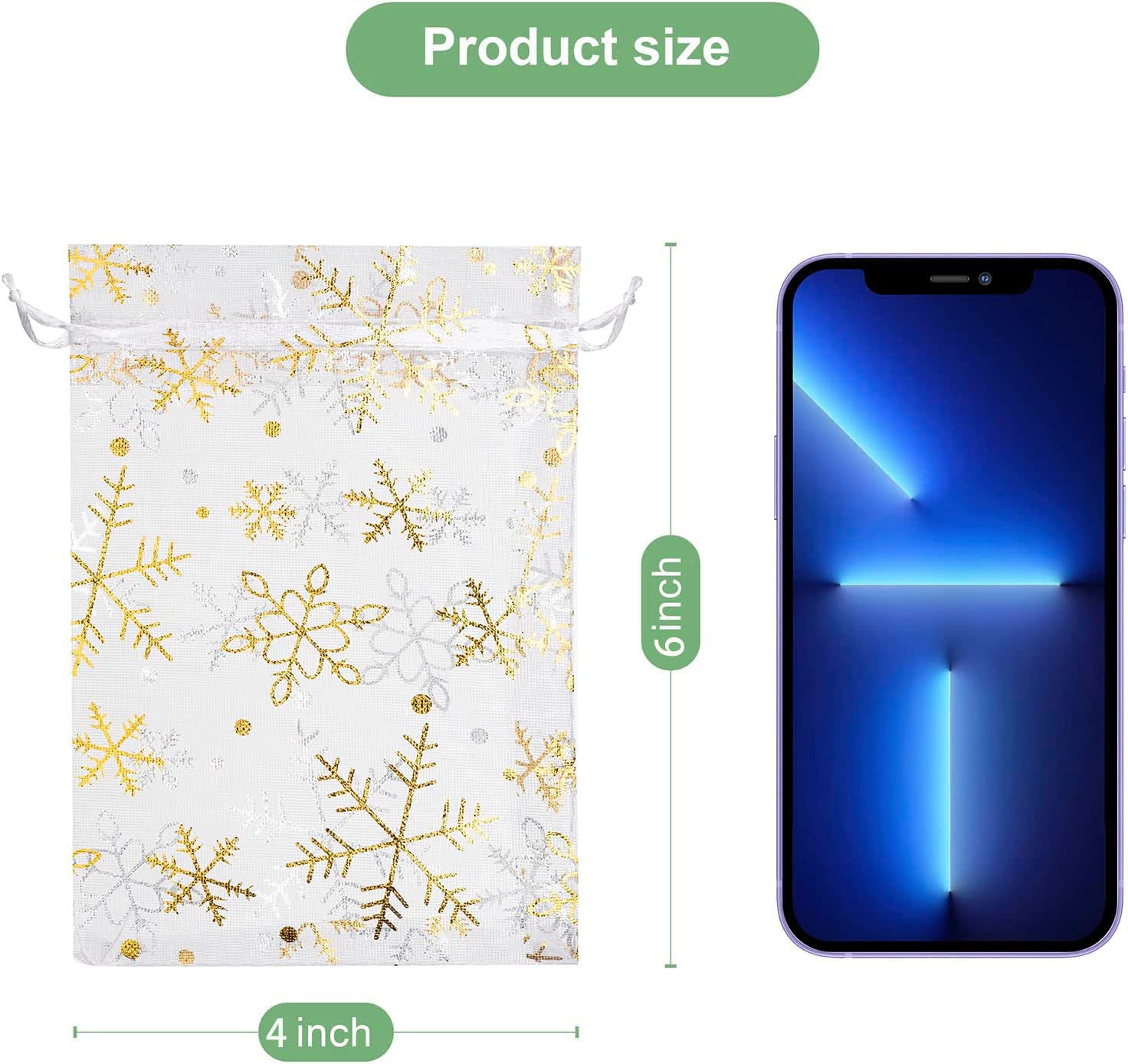 HongyiTime 100 PCS 4X6 inch White Snowflake Organza Gift Bags - Christmas Jewelry Pouches & Drawstring Candy Bags for Party Favors, Wedding Gifts, Holiday Decorations