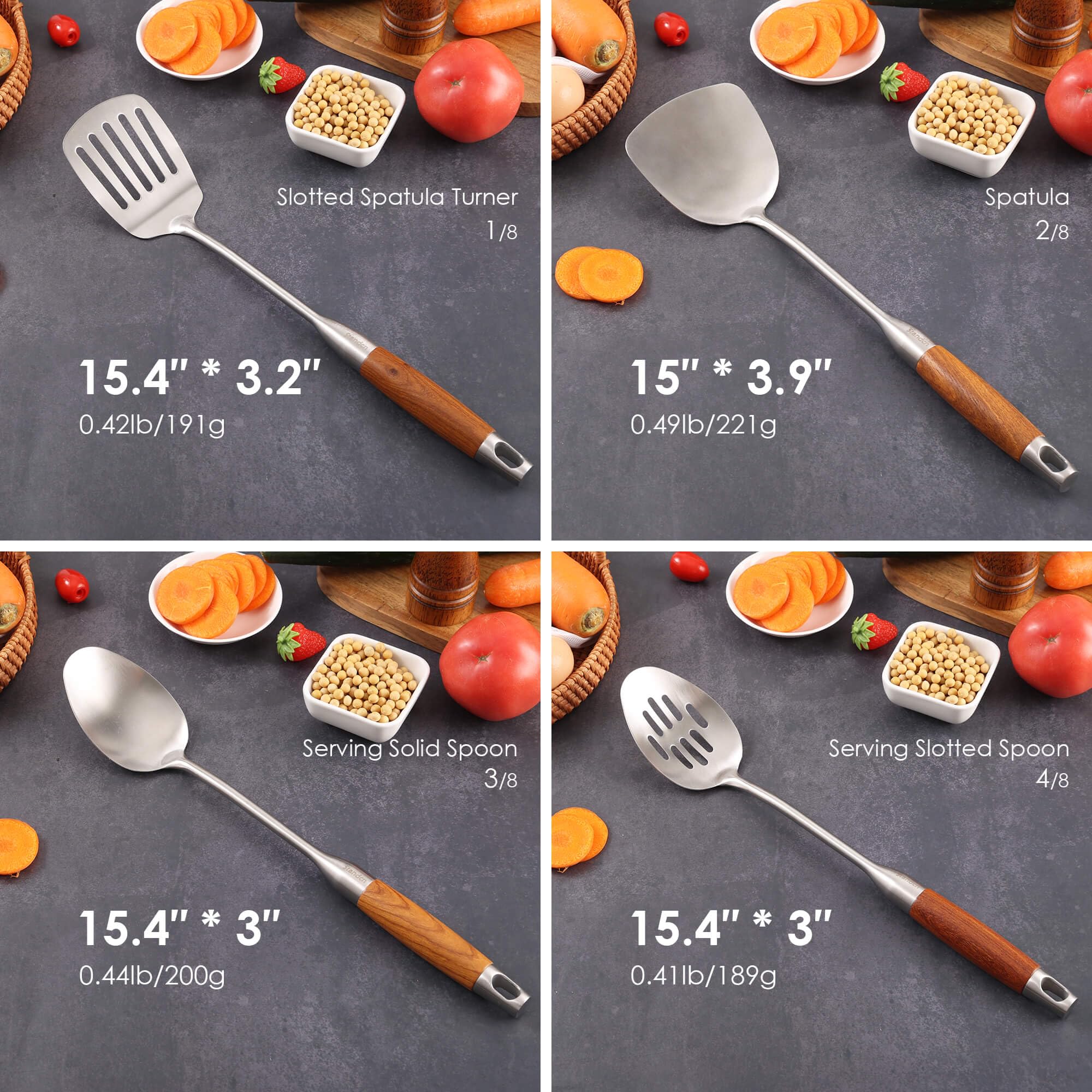 Premium 18/10 Stainless Steel Kitchen Utensil Set with Ergonomic Wood Handle - 8-Piece Cooking Spoons Set (15