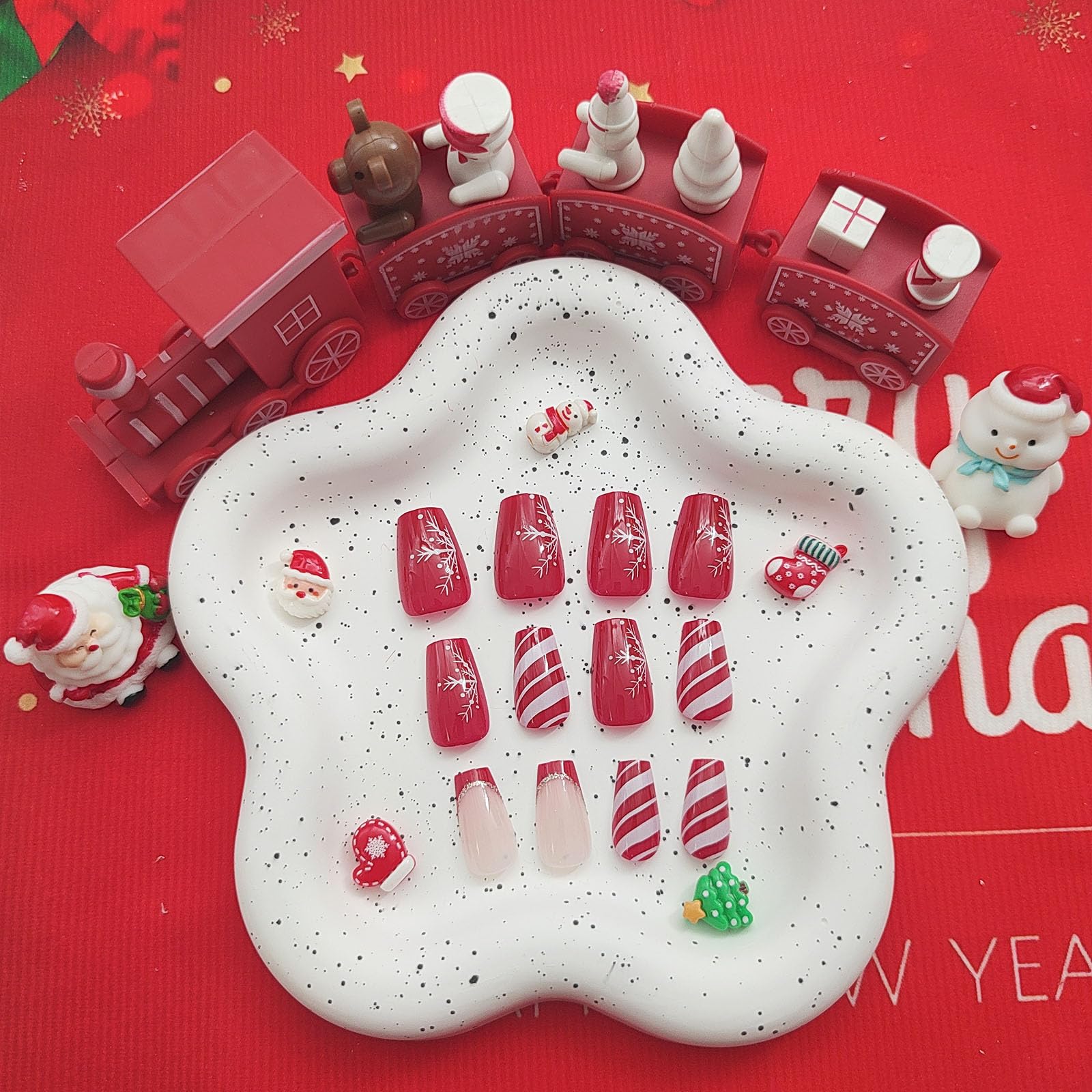 Festive Christmas Press on Nails - 24Pcs Short Coffin Fake Nails with Snowflake & Stripe Designs, French Tip Winter Nails, Glossy Red Acrylic Stick on Nails for Women | Perfect for Holiday Parties, Gift Giving & Winter Celebrations