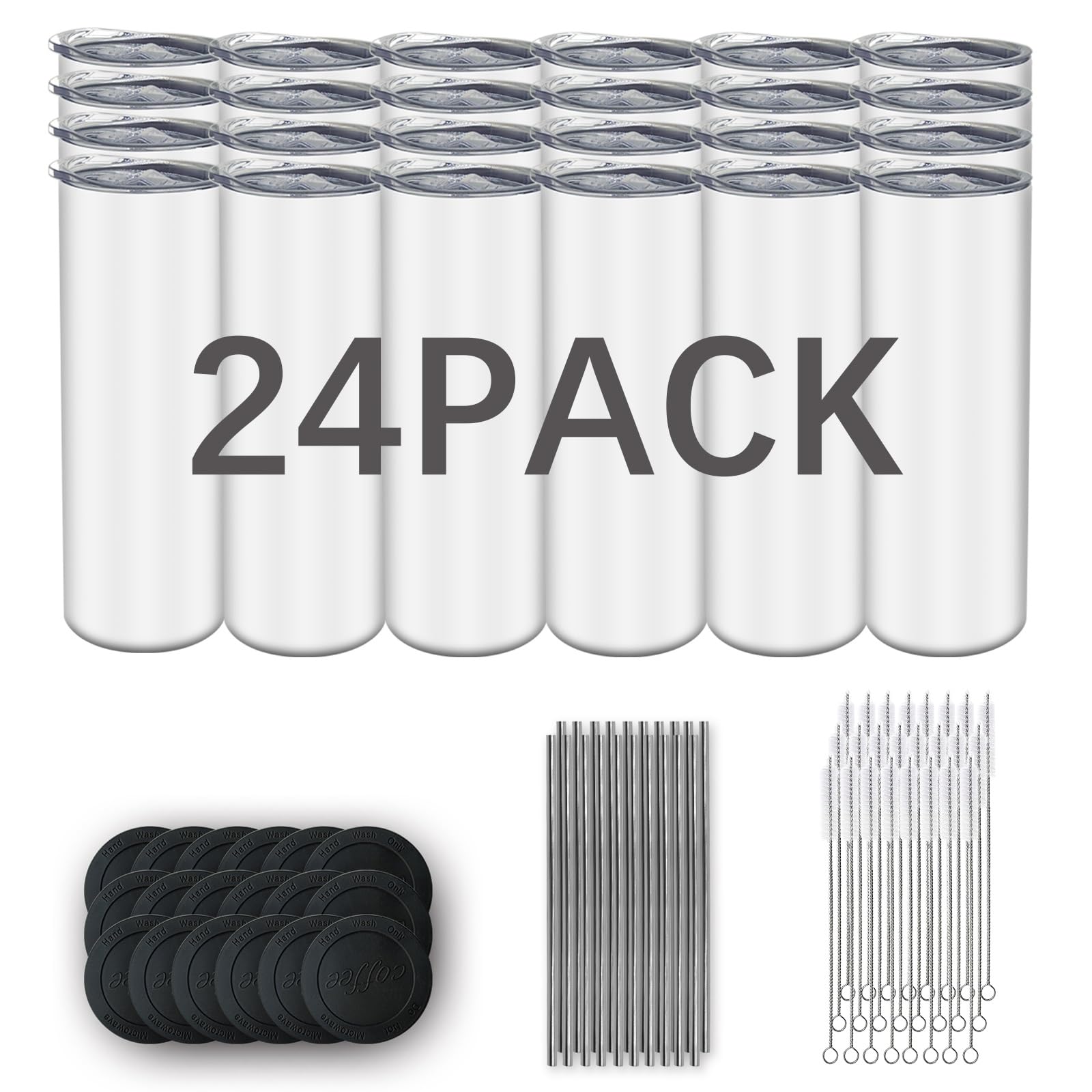 24 Pack 20 oz Skinny Straight Sublimation Tumbler Blanks - Stainless Steel Double Wall Insulated White Cups with Lids - DIY Customizable Drinkware for Home, Office, Gym & Outdoor Activities - Individually Boxed