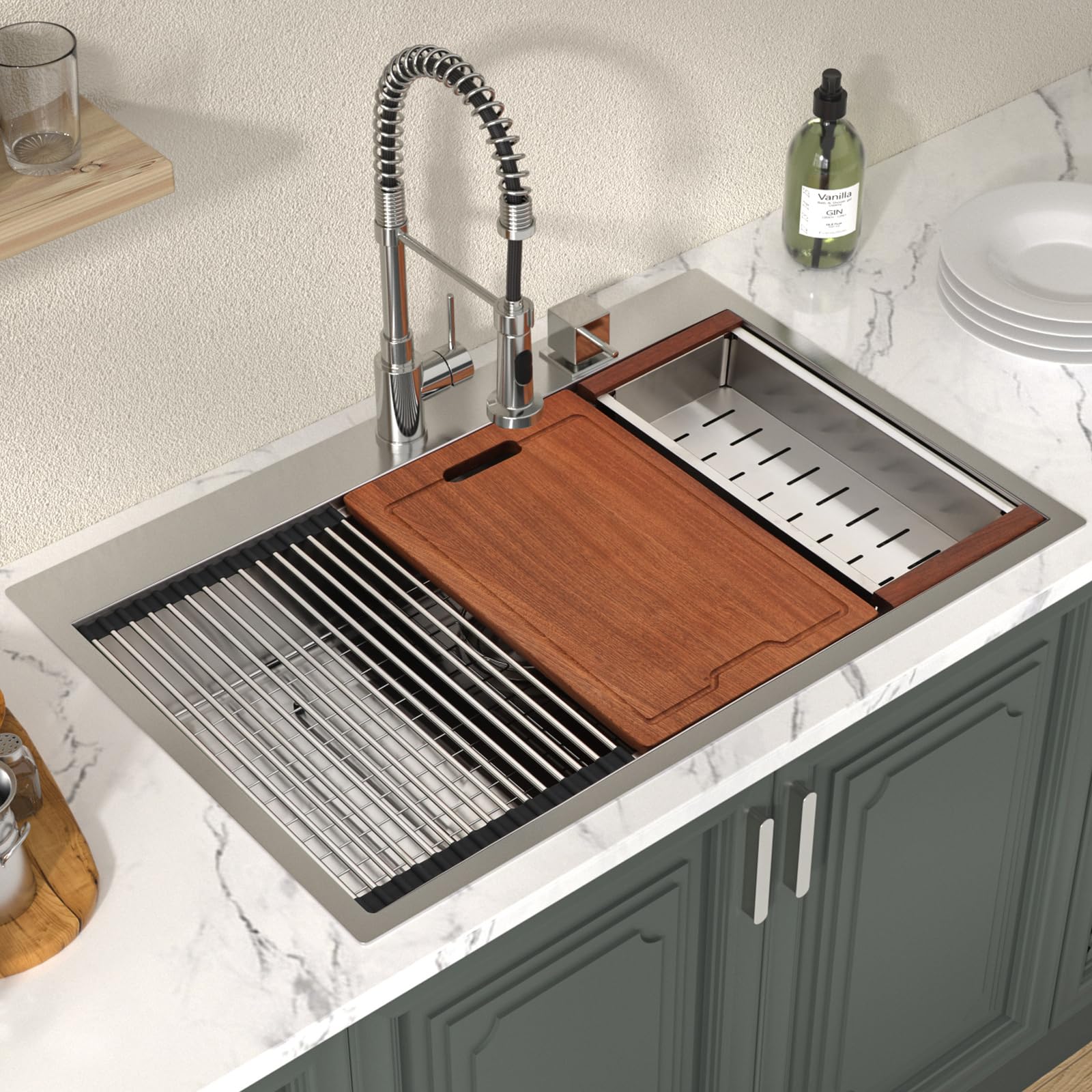 Lordear 33x19 Inch Drop-In Kitchen Sink - 16 Gauge 304 Stainless Steel Single Bowl Workstation with Built-in Accessories | Over Counter Handmade Sink Basin for Modern Kitchens & Restaurant Prep