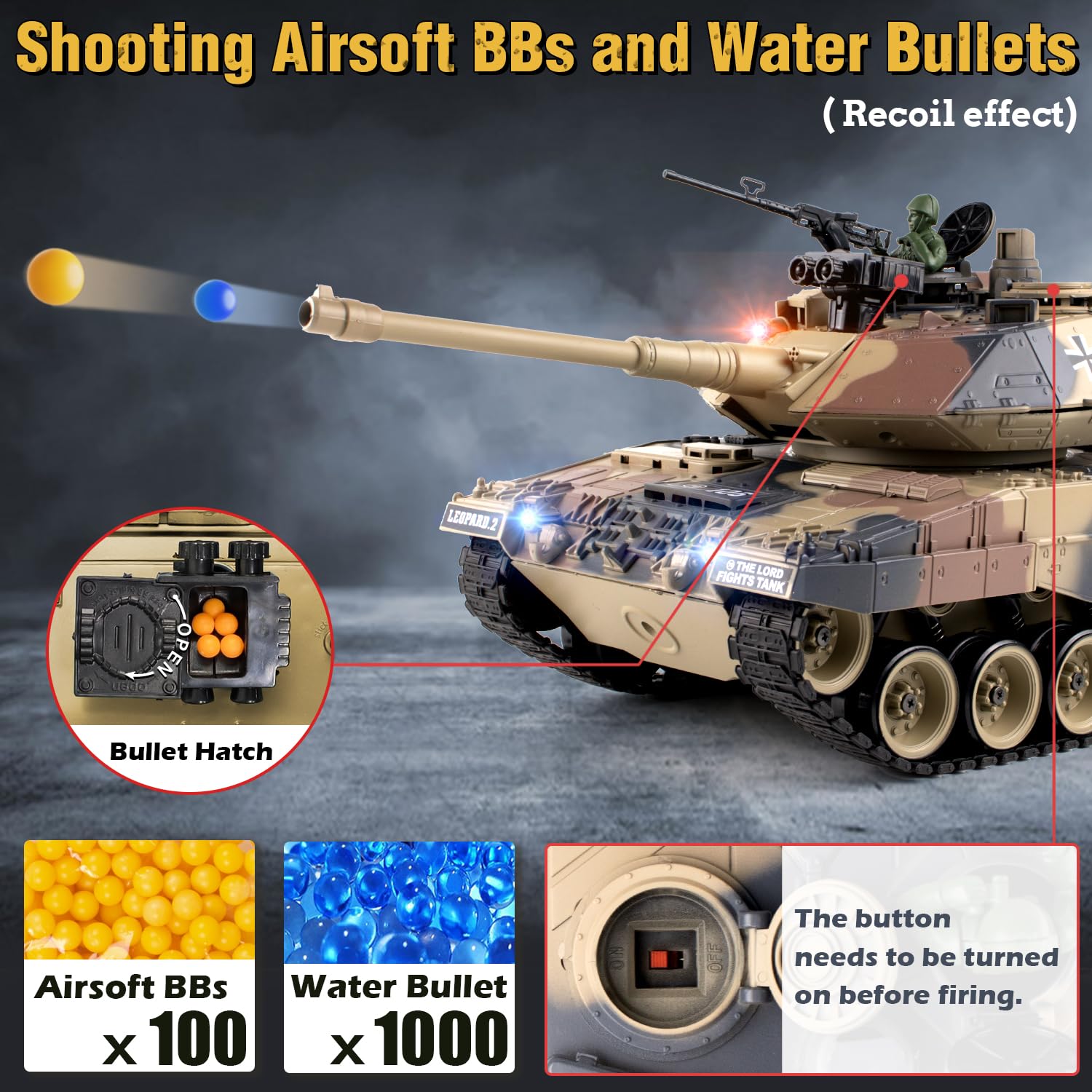 1:18 Scale German Leopard II RC Tank - 2.4Ghz Remote Control Military Toy with BB Shooting, Water Bombs, Smoke, Lights & Sound Effects | Realistic Recoil Action for Adults & Kids | Battle Simulation, Outdoor Play & Collectible Display