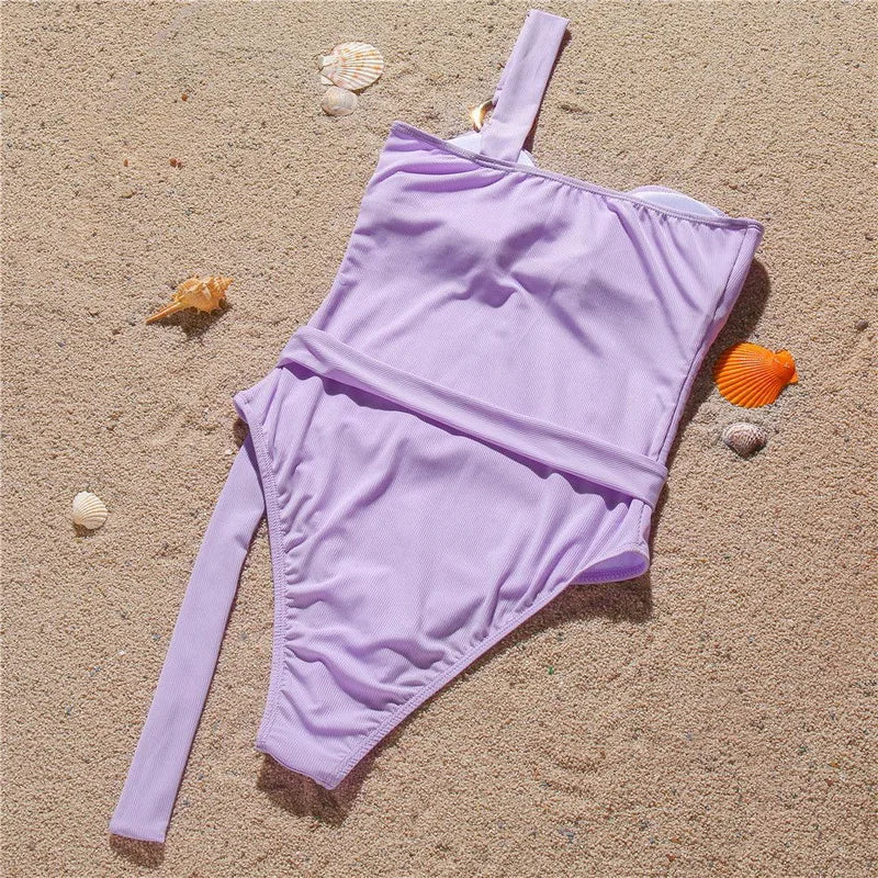 Sexy One Shoulder Monokini Swimsuit with Belted Design & Solid Ring Decor - Ribbed Fabric Bathing Suit for Women | Perfect for Beach Vacations, Pool Parties & Summer Getaways