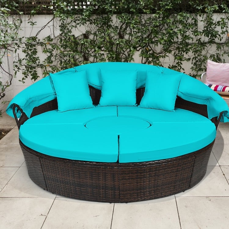 Turquoise Rattan Patio Daybed with Retractable Canopy & Adjustable Coffee Table - Outdoor Lounge Furniture for Poolside, Garden, or Backyard Relaxation