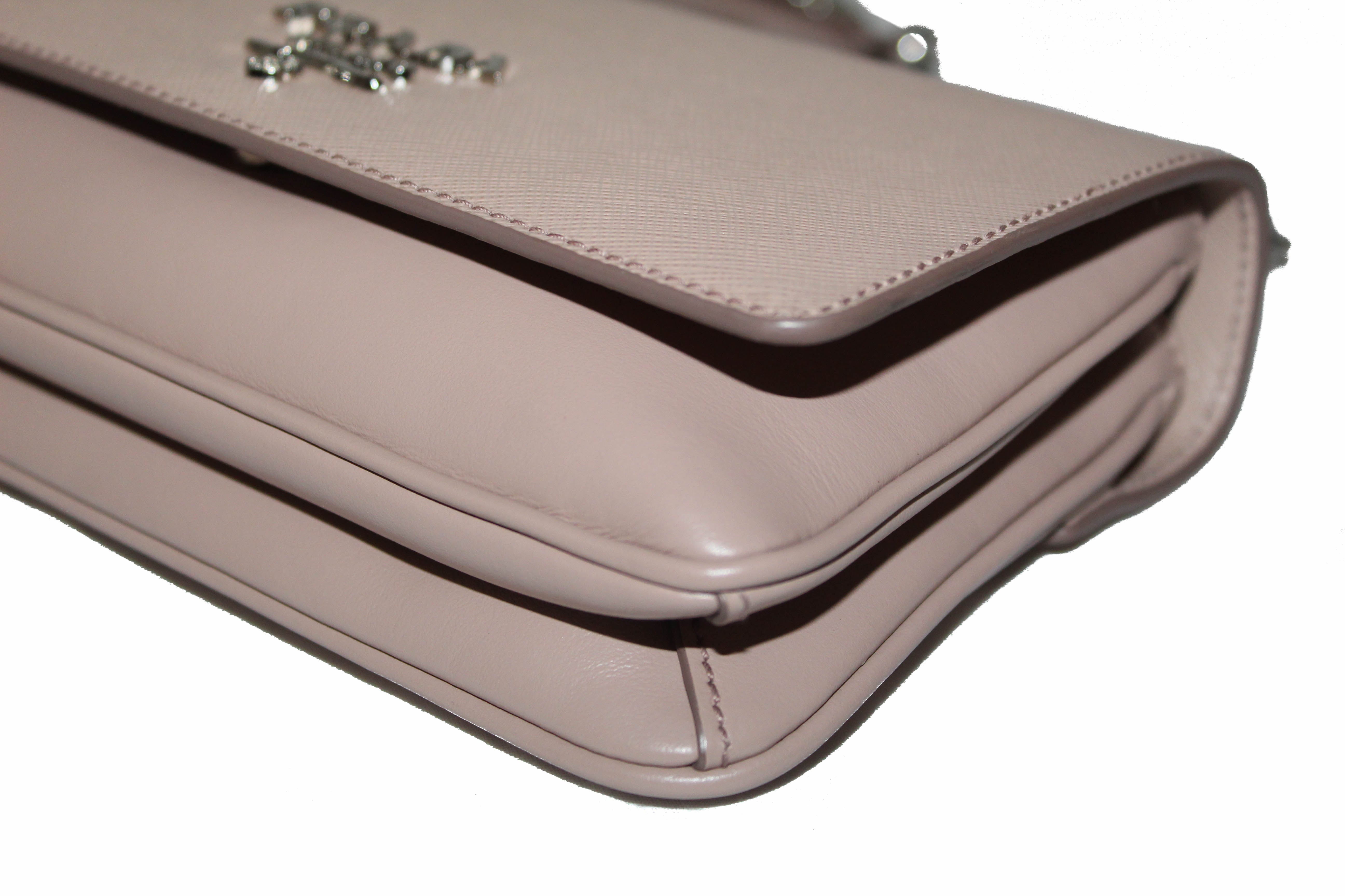 Authentic Prada Powder Beige Saffiano Leather Mini Crossbody Bag with Gold Chain - Luxury Designer Handbag for Women, Perfect for Date Night & Evening Events